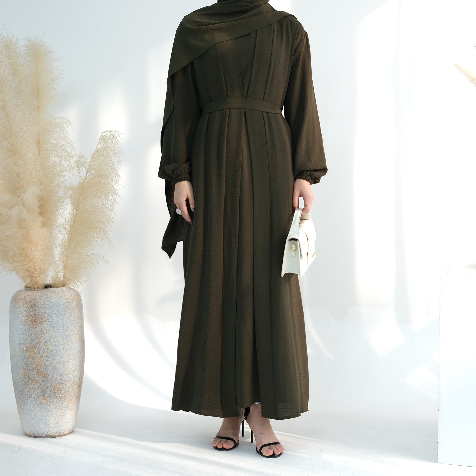 Lareina 3 Piece Abaya Set - Olive Green Islamic Prayer Dress for Women | Modest Muslim Clothing for Prayer, Mosque & Special Occasions