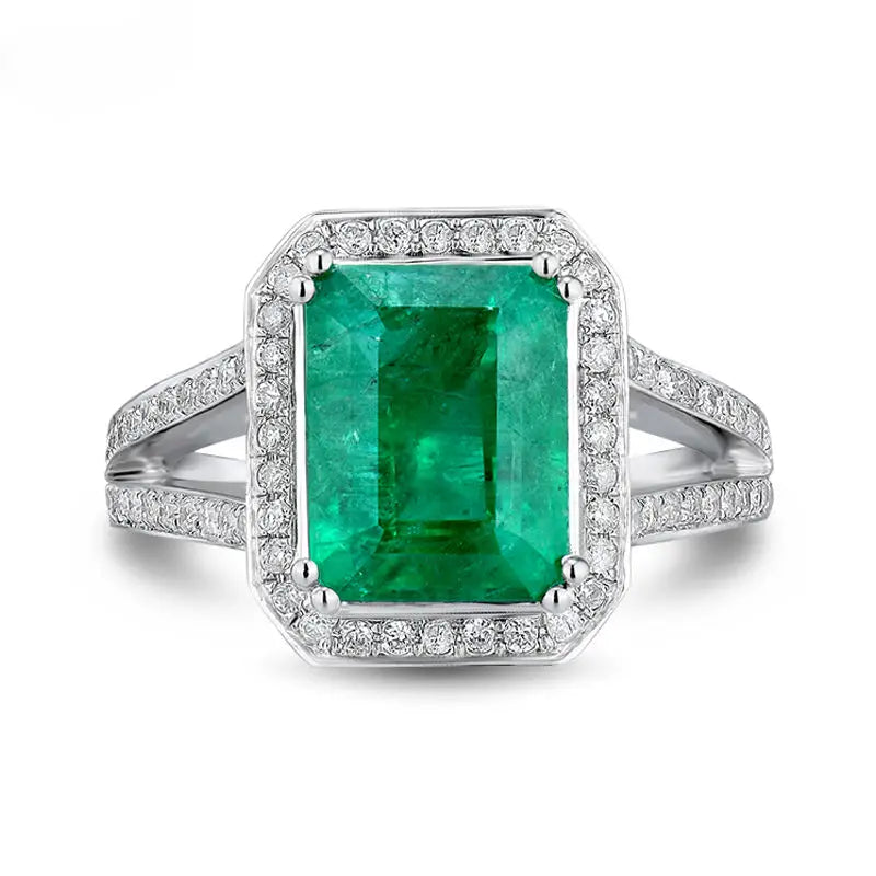 18K White Gold Emerald Cut Diamond Ring for Women - 8x10mm Green Gemstone, Elegant Jewelry Gift for Engagement, Wedding & Special Occasions