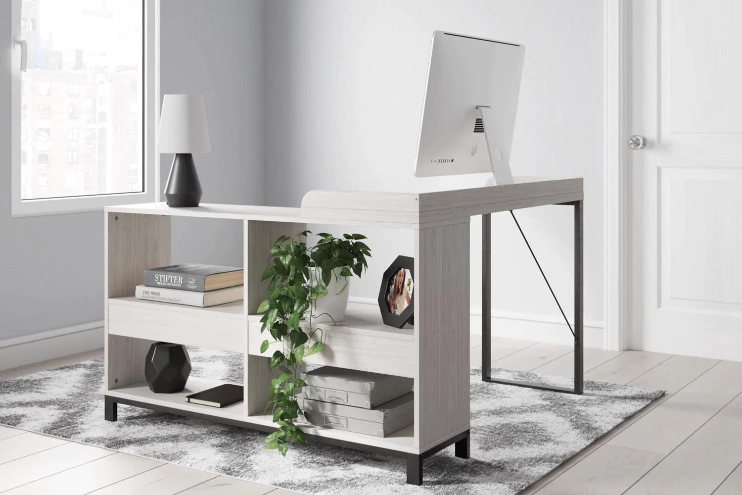 Signature Design by Ashley Bayflynn Modern L-Shaped Computer Desk - White & Black Home Office Furniture for Small Spaces & Gaming Setups