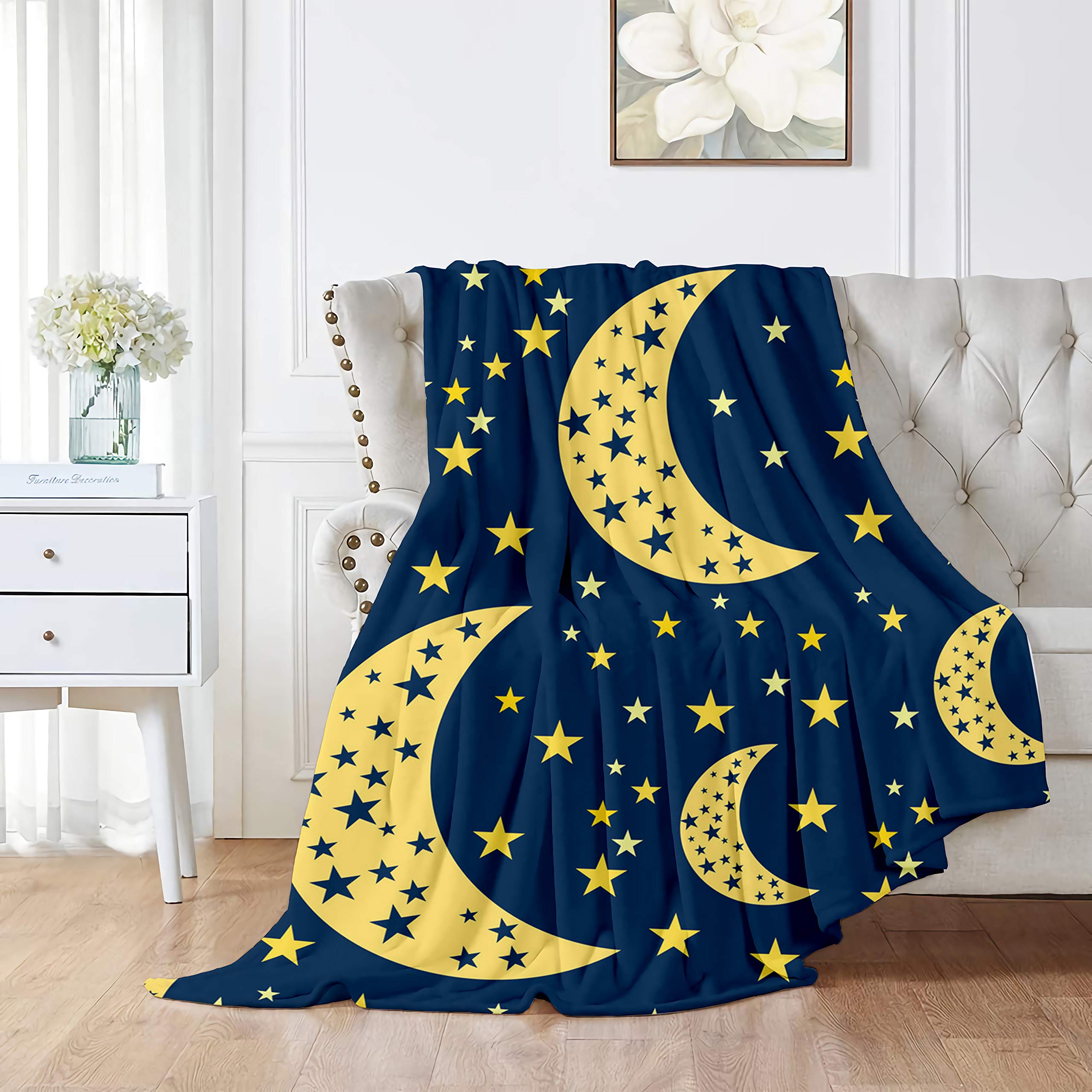 MYSTCOVER Moon and Star Flannel Throw Blanket - Soft Cozy Lightweight Microfiber Blanket 120x90 Inch - Perfect for Sofa, Couch, Bed - All Season Warm Decorative Blanket for Adults - Ideal for Lounging, Movie Nights & Home Decor