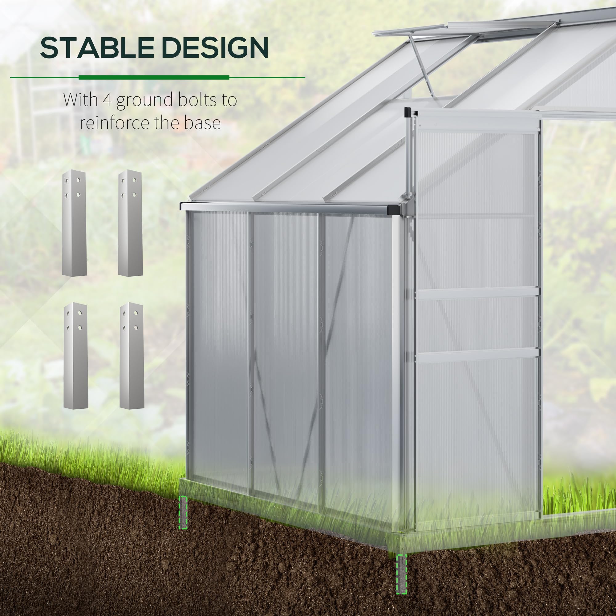 Outsunny 6x4 FT Aluminum Lean-to Polycarbonate Greenhouse with Adjustable Roof Vent, Rain Gutter & Sliding Door - Winter-Ready Walk-in Garden Greenhouse for Plants, Vegetables & Flowers - Perfect for Backyards, Patios & Small Gardens