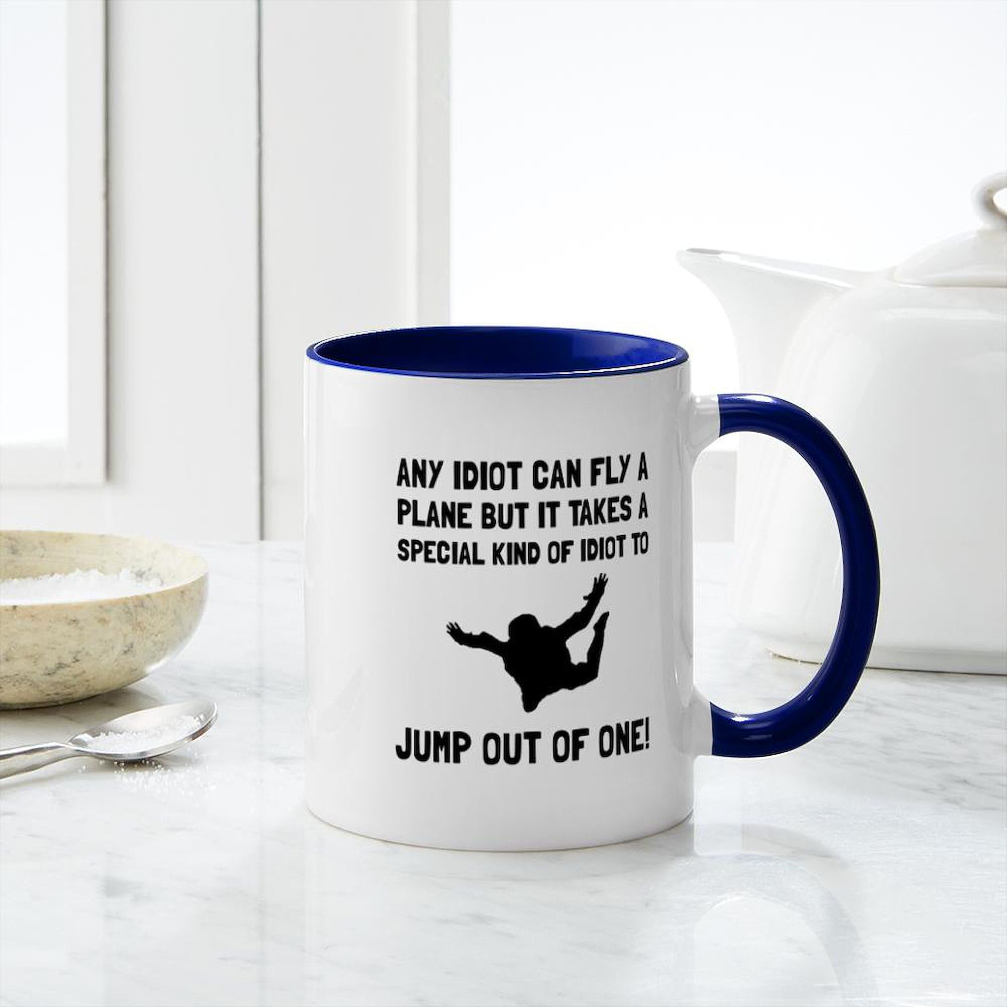 Idiot Skydiving Ceramic Coffee Mug 11 oz (325 ml) - Funny Novelty Gift for Coffee Lovers, Office Humor & Adventure Enthusiasts - Perfect for Home, Office or Gag Gifts