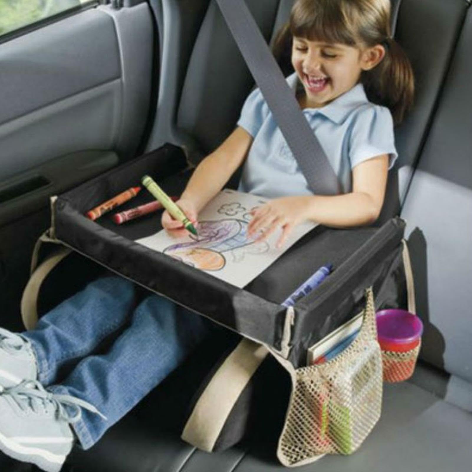 Foldable Kids Car Seat Tray with Adjustable Strap & Pocket - Travel Lap Desk for Snacks & Toys