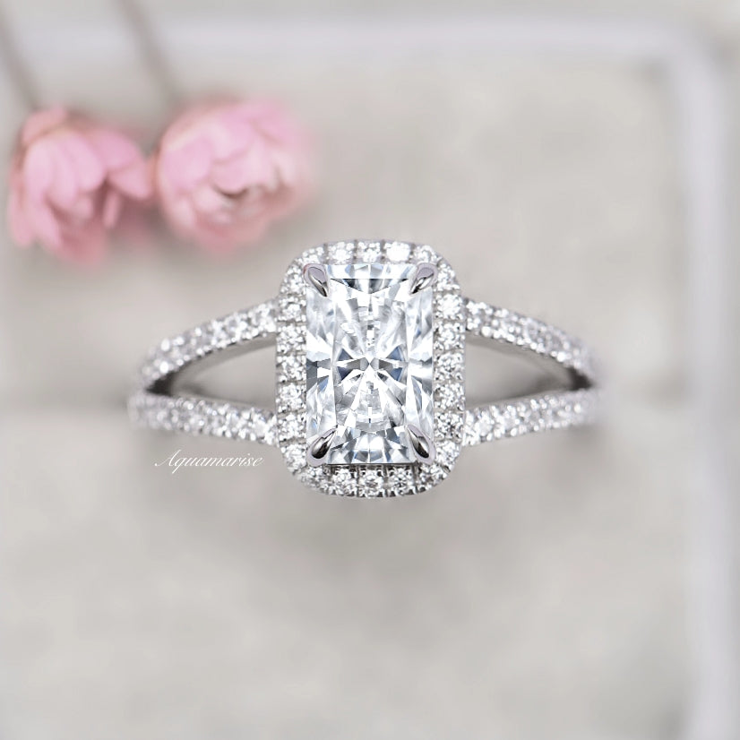 Emerald Cut Split Shank Moissanite Engagement Ring 14K White Gold - Perfect for Proposals, Weddings & Anniversary Gifts