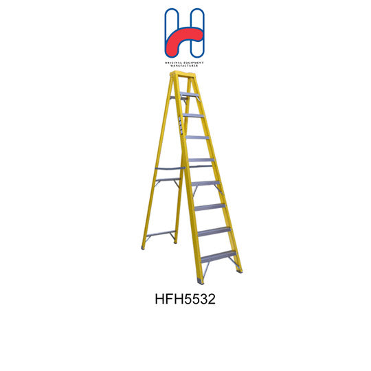 8-Step Fiberglass Ladder with Tool Shelf - Heavy Duty 1-Side Climbing Ladder for Construction, Home Repair & Warehouse Use - Model XG 107B9 (HFH5532)