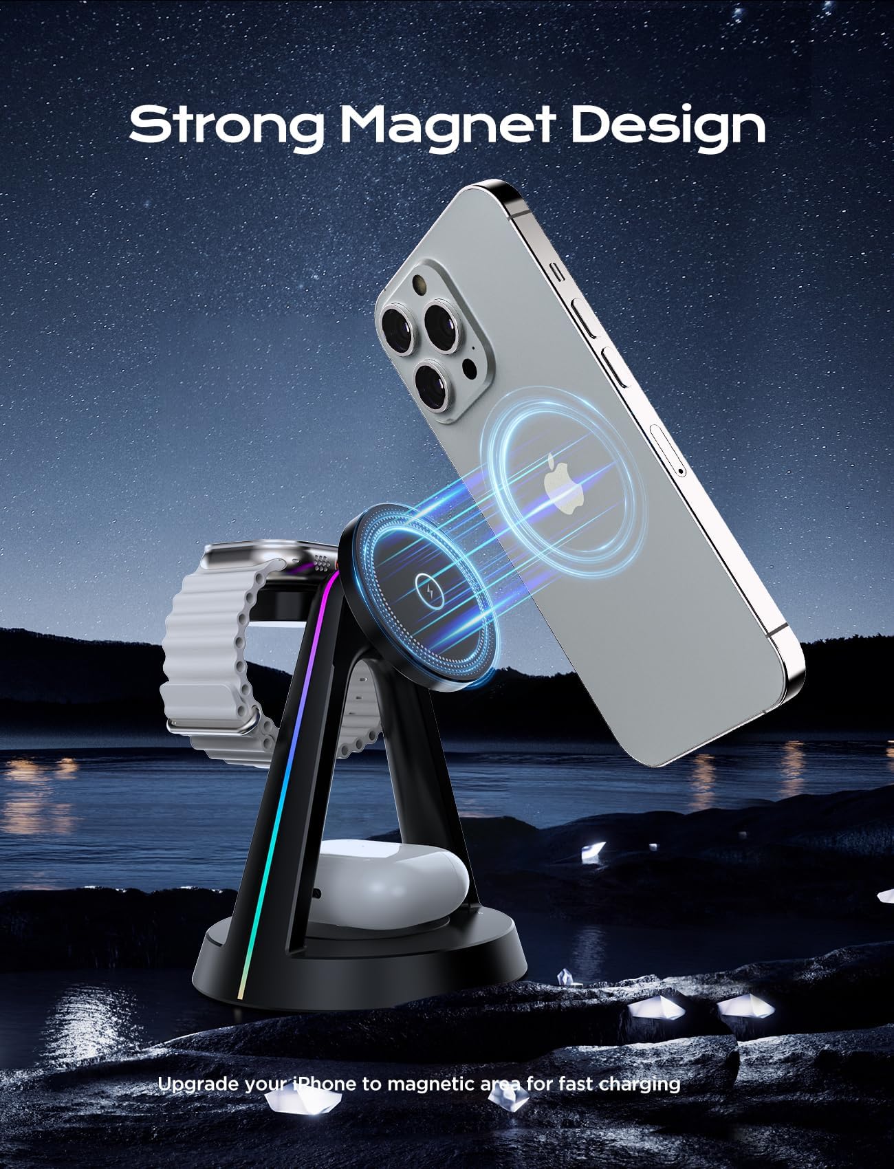DGPLUS Magnetic 3-in-1 Wireless Charging Station with RGB Lights - Fast Charger for iPhone 16/15/14/13/12 Series, Apple Watch 9/8/7/SE, AirPods Pro - Multi-Device Charging Stand with MagSafe for Bedroom, Office & Travel