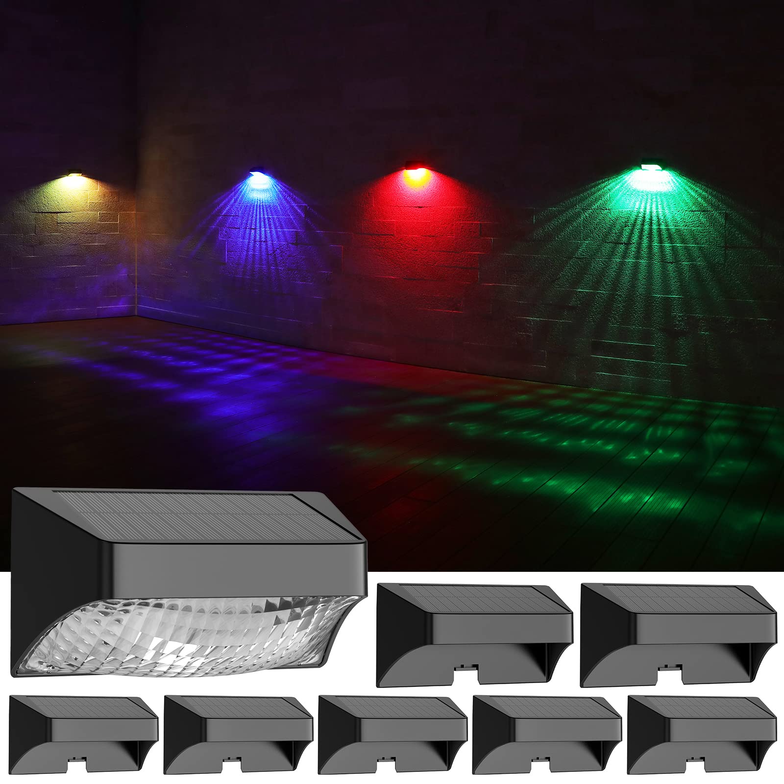 AGPTEK 10 Lighting Modes Solar Fence Lights - Warm White, RGB Color Changing & Fixed Colors, IP65 Waterproof Outdoor Solar Wall Lights with Detachable Lampshade (8 Pack) for Yard, Patio, Garden, Pathway, and Step Lighting