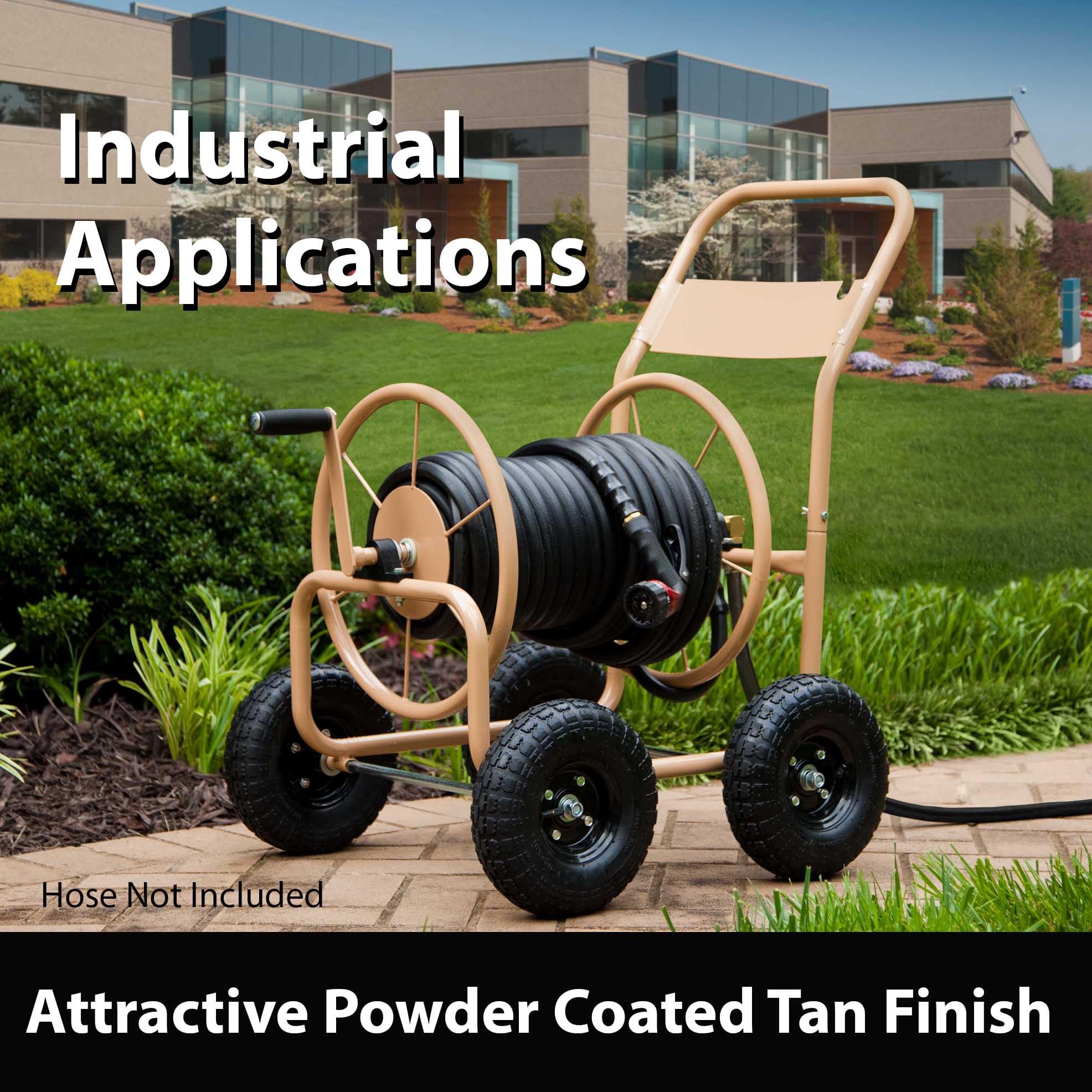 Liberty Garden Industrial 4 Wheel 300ft 0.625 Inch Heavy Duty Water Hose Reel Cart with Steel Frame - Perfect for Backyard, Garden, Lawn Irrigation & Outdoor Watering - Beige