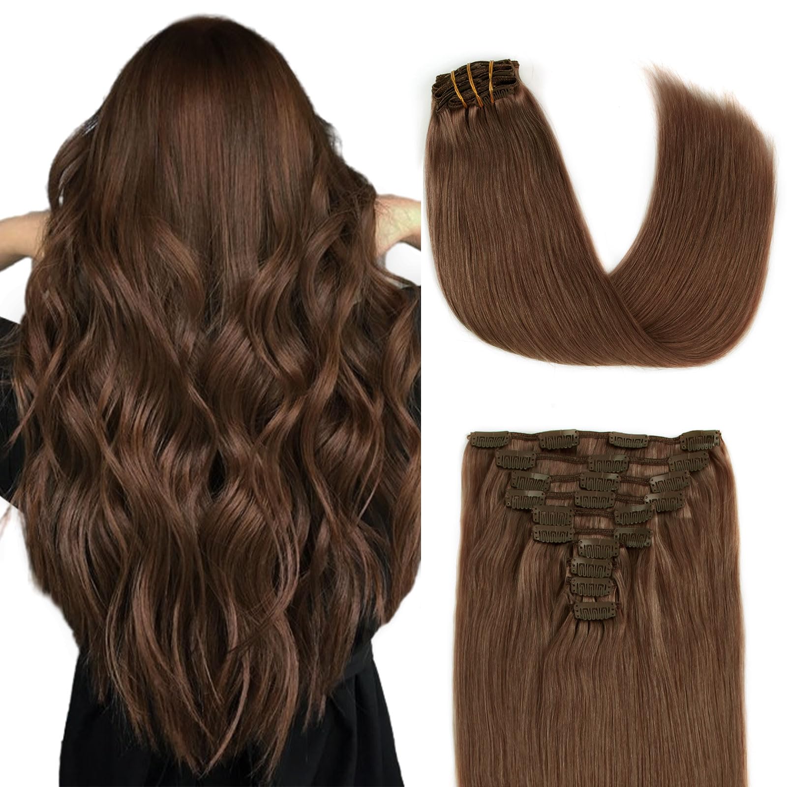 20 Inch 160g Clip-in Human Hair Extensions - Silky Straight, Thick & Voluminous, Chocolate Brown (10 Pieces, 21 Clips) for Parties, Weddings & Daily Styling