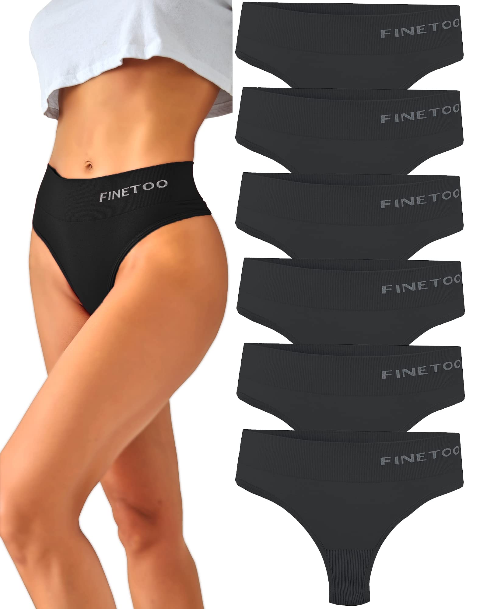 FINETOO 6 Pack High Waisted Thongs for Women - Nylon Spandex Underwear, Breathable Soft Stretchy Panties, High Rise Seamless Briefs S-XL - Perfect for Everyday Wear, Yoga & Workout