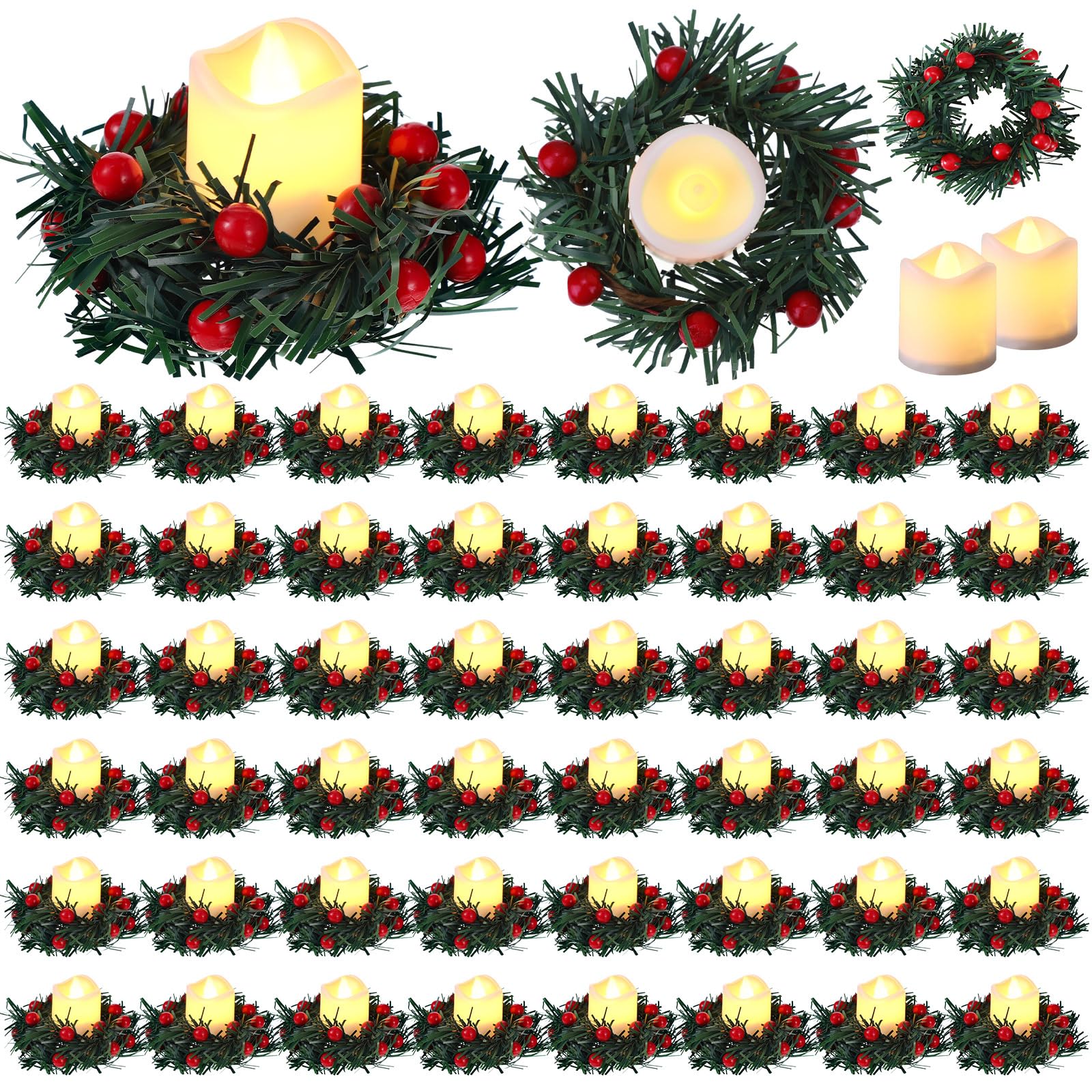 Roowest 96 Pcs Christmas Candle Rings Set - 48 LED Flameless Candles & 48 Artificial Red Berry Wreaths - Battery Operated Tea Lights for Holiday Table, Mantel, and Pillar Decorations - Perfect for Christmas, Weddings, and Home Party Decor
