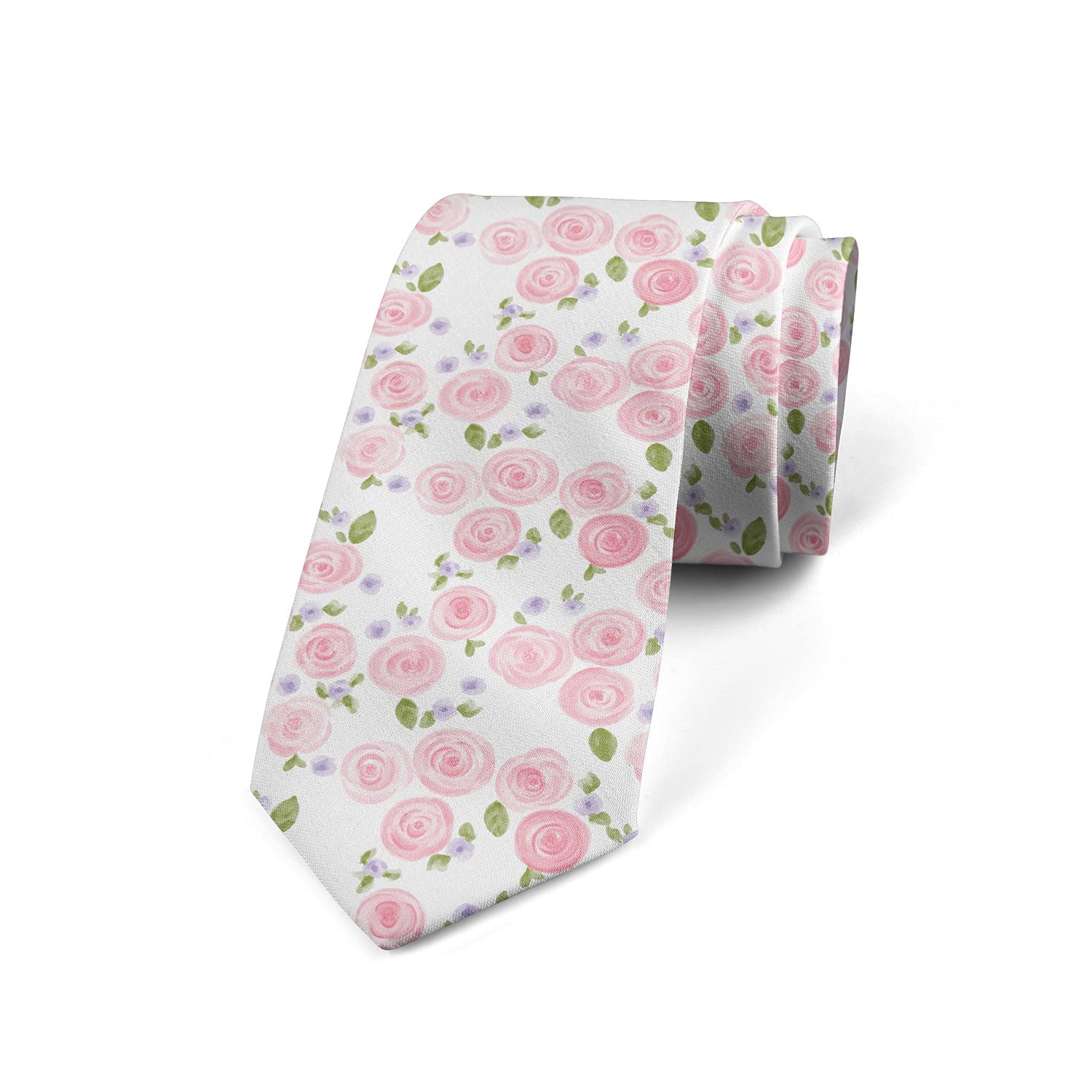 Ambesonne Men's Silk Tie - Elegant Watercolor Rose & Wild Flowers Design - 3.7