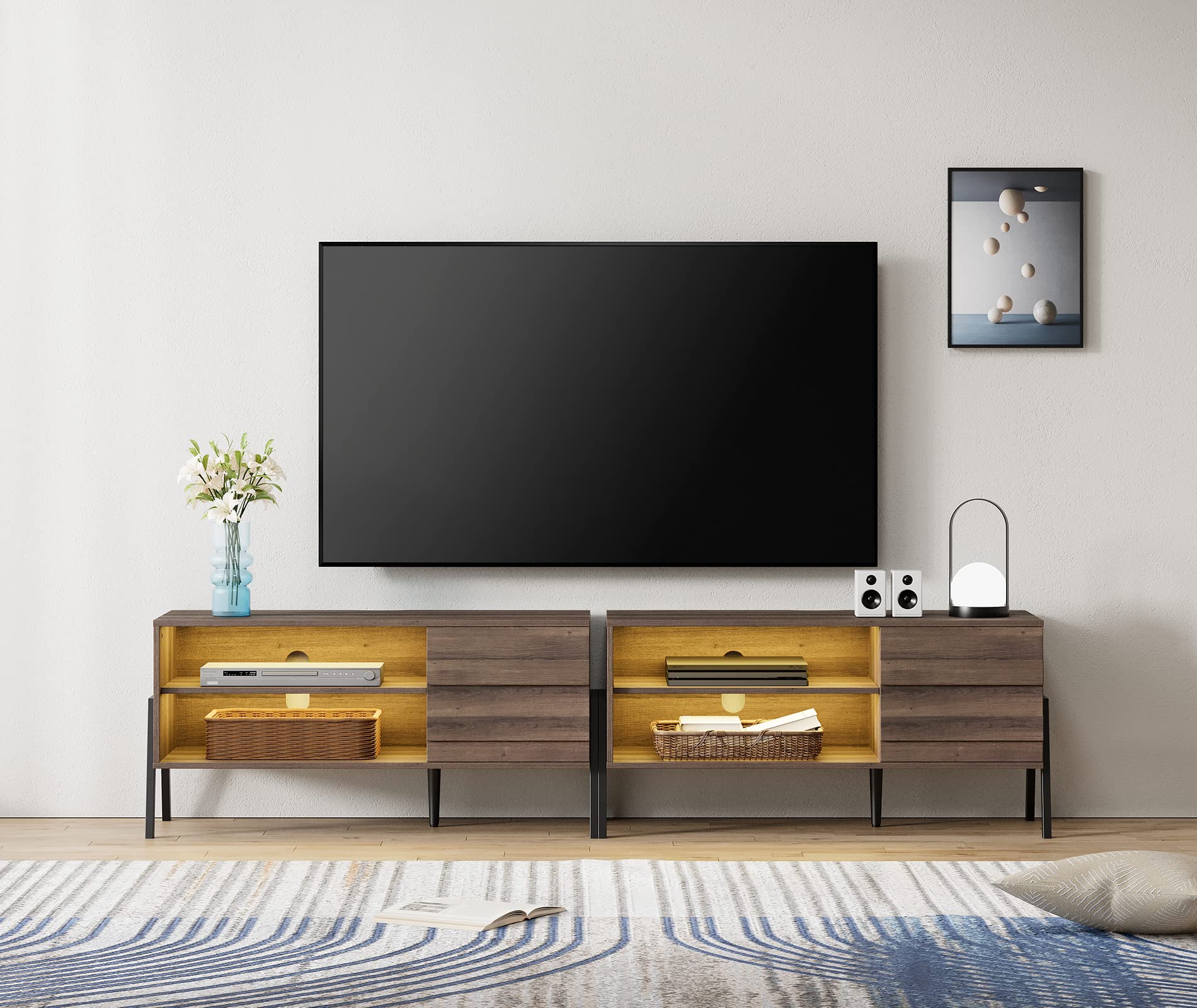Mid Century Modern TV Stand for 85 Inch TV with Warm White LED Lights - Large Entertainment Center with Storage Cabinet & Metal Legs for 80-90 Inch TVs - Espresso TV Console Table for Living Room & Bedroom - Perfect for Home Theater Setup & Stylish Home Decor