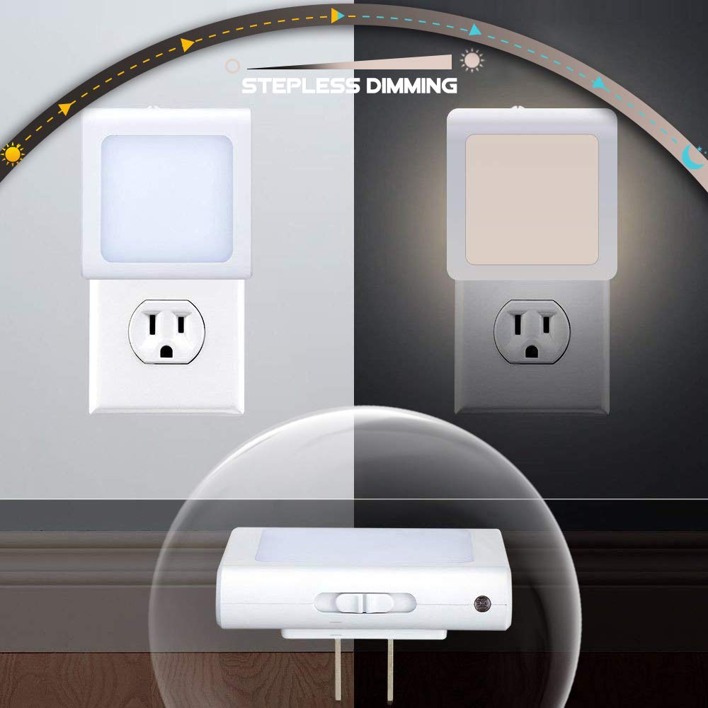 VINTAR 4 Pack LED Night Light Plug into Wall - Smart Dusk to Dawn Sensor & Adjustable Brightness Warm White - Perfect for Hallway, Bedroom, Kids Room, Kitchen, Stairway - Create a Safe & Cozy Atmosphere at Night