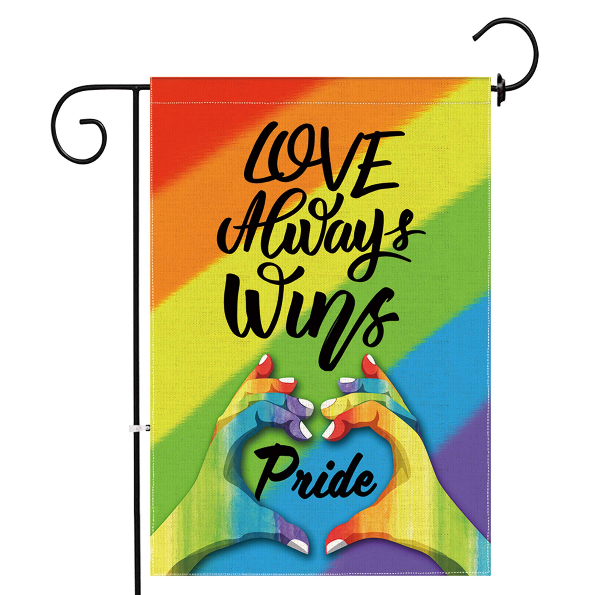 Hexagram Love Always Wins Rainbow Gay Pride Garden Flag - 12.5 x 18 Inch Durable Burlap Outdoor Decorative Flag with Vibrant Rainbow Colors - Waterproof Yard, Patio, Lawn & Home Garden Banner for LGBTQ+ Support & Celebration