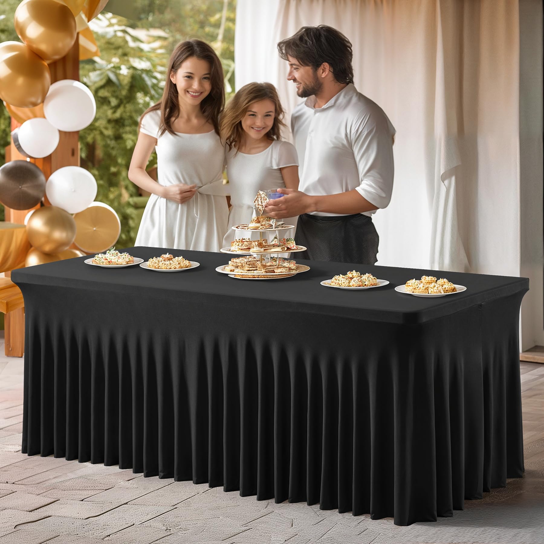 PARTISKY 8ft Black Spandex Table Skirt - Stretchable Table Cover for 8 Foot Rectangle Folding Tables | Perfect for Weddings, Banquets & Event Decor