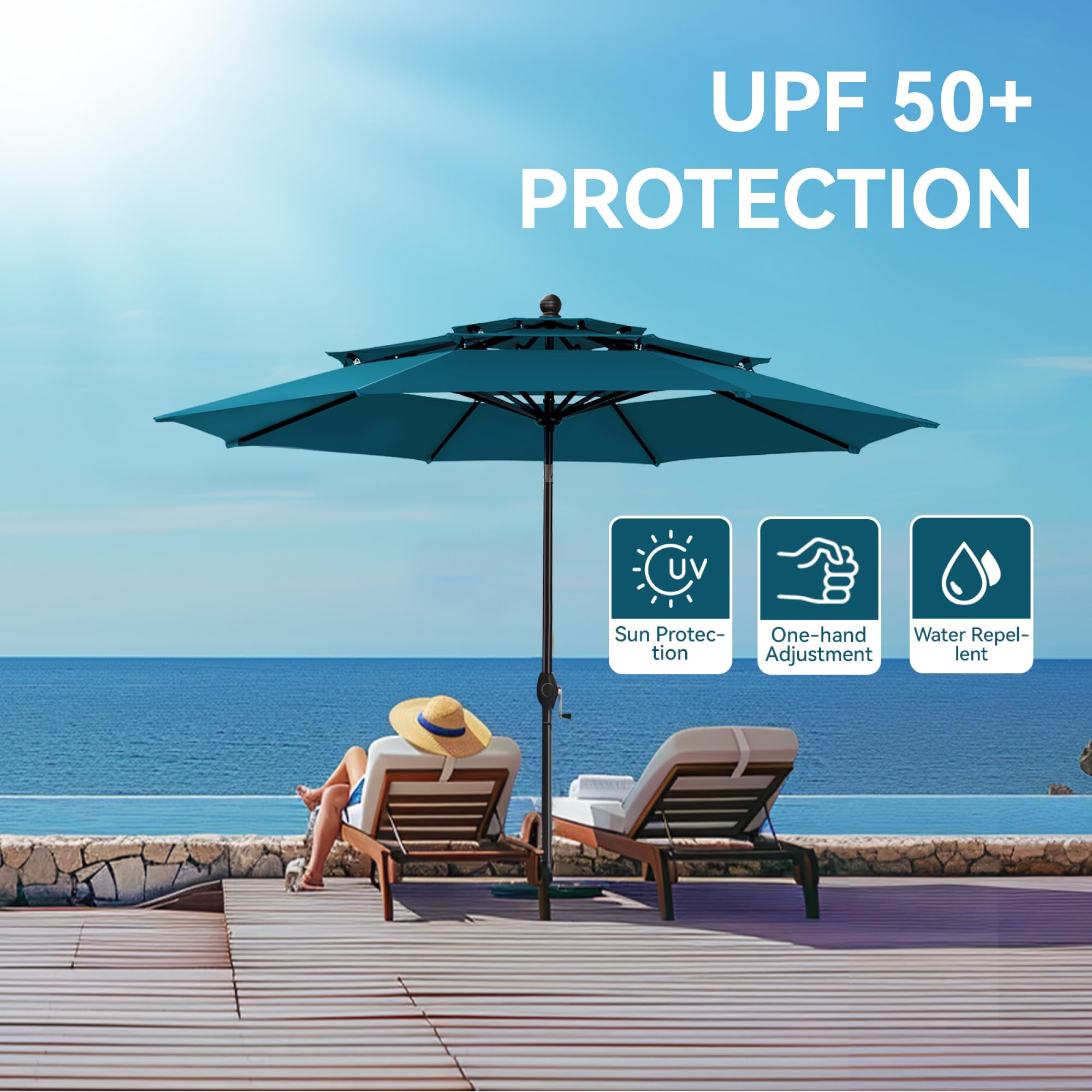 GREEN PARTY 10ft Outdoor Patio Umbrella with Auto-Tilt & Crank - UV Protection Market Umbrella for Garden, Deck, Backyard, Pool - Heavy Duty 8 Ribs & 1.5