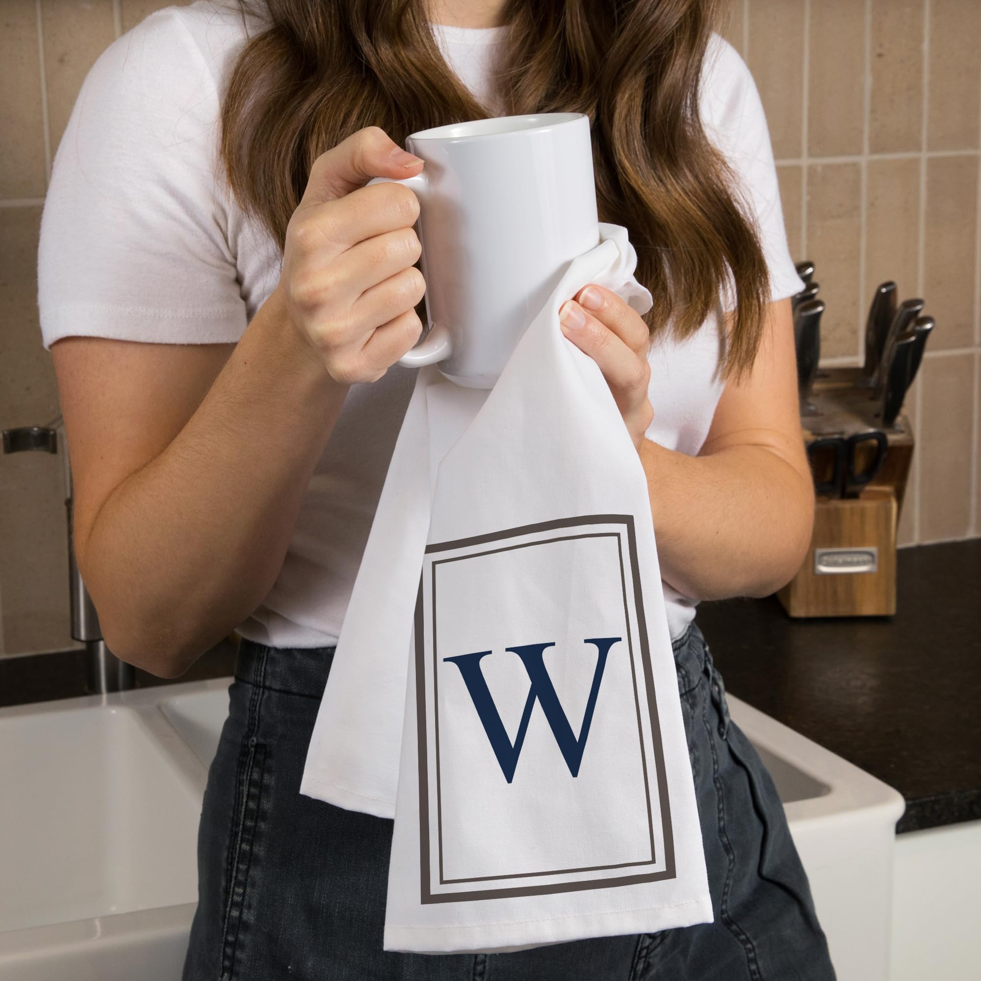 Lantern Press Monogram Estate Gray and Blue Cotton Tea Towel - 100% Cotton Decorative Hand Towel for Kitchen, Bathroom & Home Decor - Perfect for Gifts, Housewarming & Farmhouse Style Decor