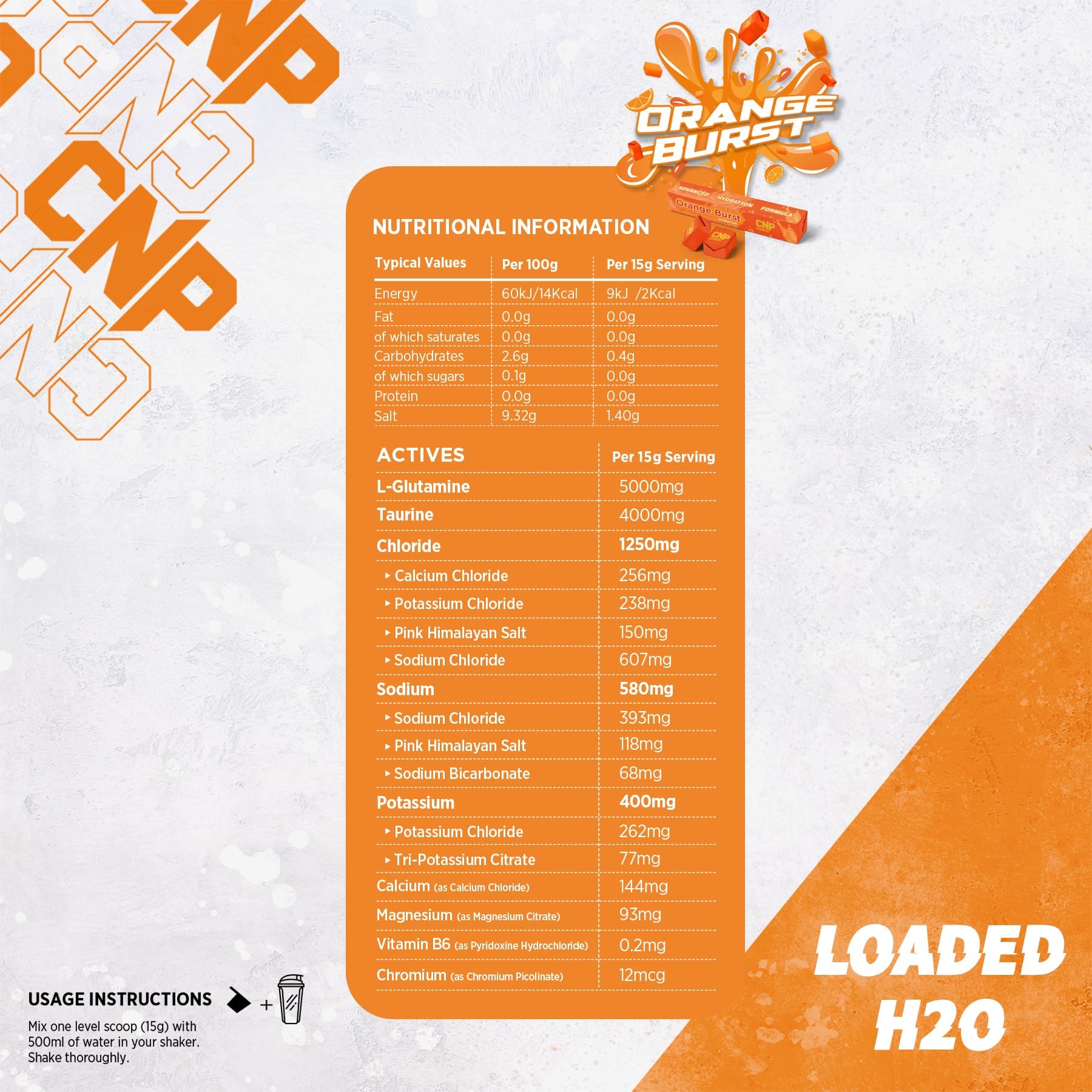 CNP Loaded H2O Orange Burst 300g - Premium Intra Workout Hydration Powder for Athletes & Fitness Enthusiasts - Ideal for Gym, Running & Endurance Training