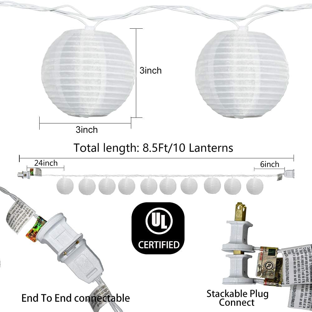 8.5Ft Outdoor White Lantern String Lights - 10 Mini Nylon Hanging Waterproof Fairy Lights for Patio, Bedroom, Wedding & Party Decor (White Wire) | Perfect for Garden, Backyard, Balcony & Indoor Festive Lighting