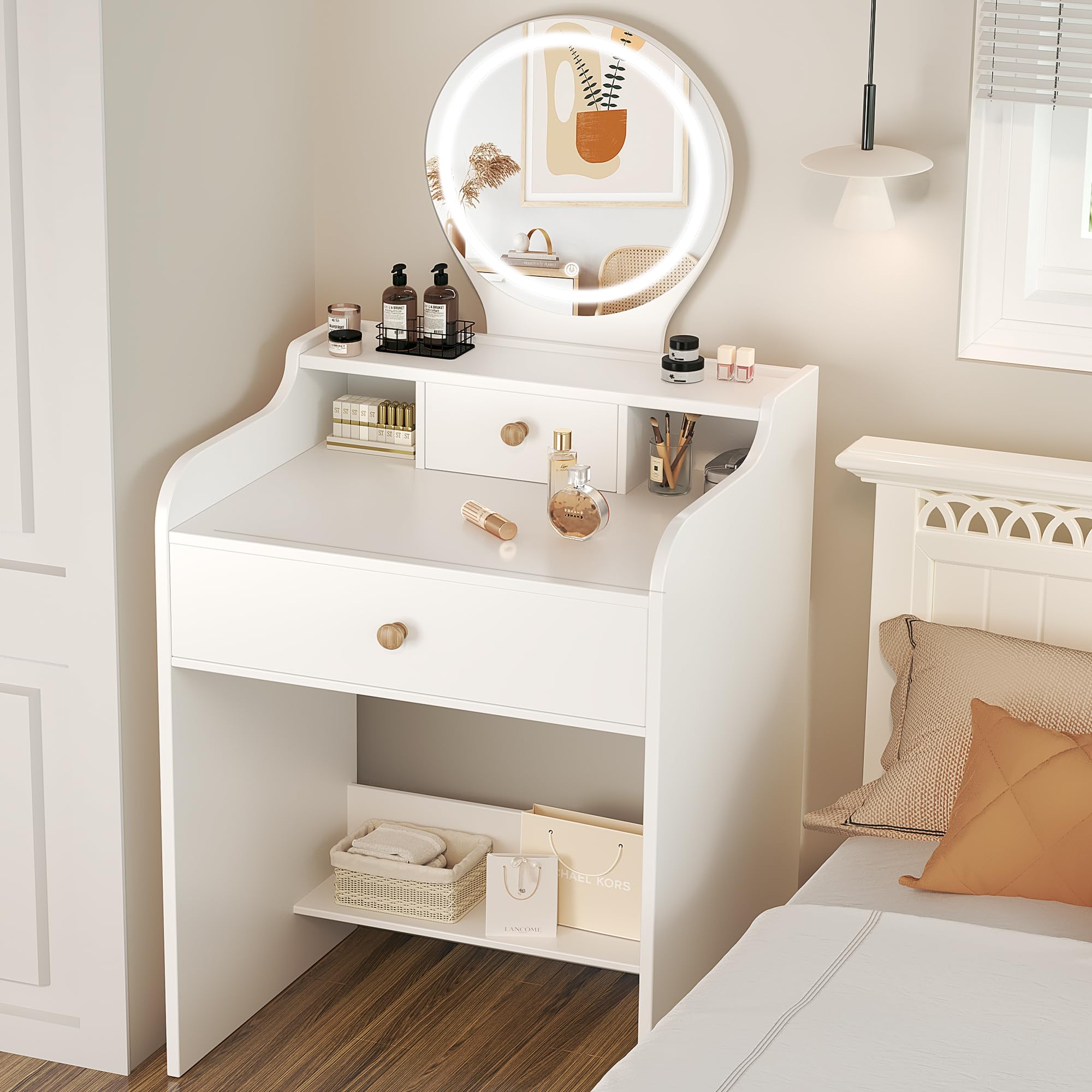 Elegant White Vanity Desk Set with Round Mirror & Built-in Light - Compact Dressing Table with Drawer for Makeup & Skincare - Perfect for Bedroom, Bathroom, or Dorm Room Decor