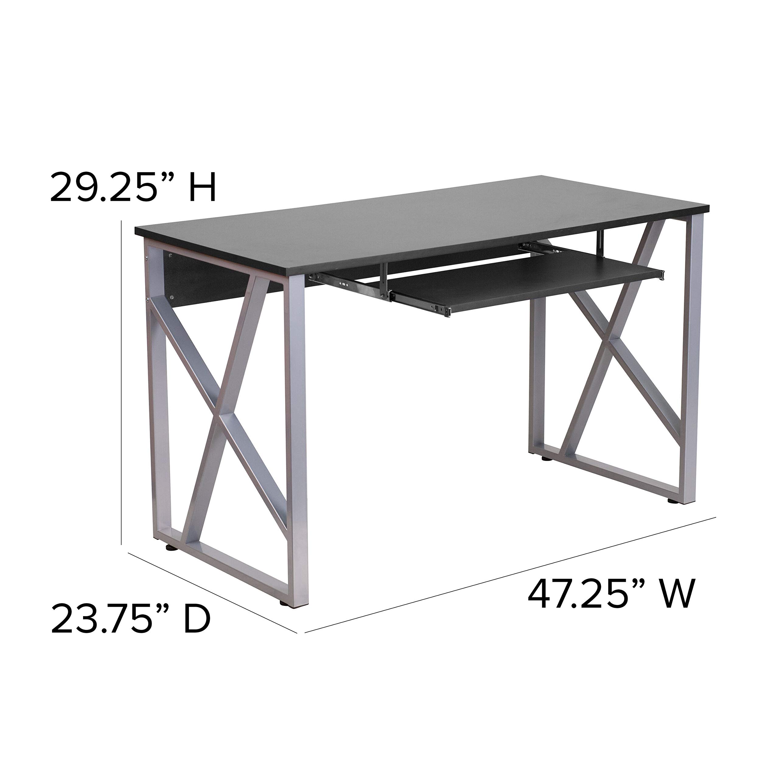 EMMA & OLIVER Black Pull-Out Keyboard Computer Desk with Sturdy Cross-Brace Frame - Perfect for Home Office, Gaming Setup & Small Spaces