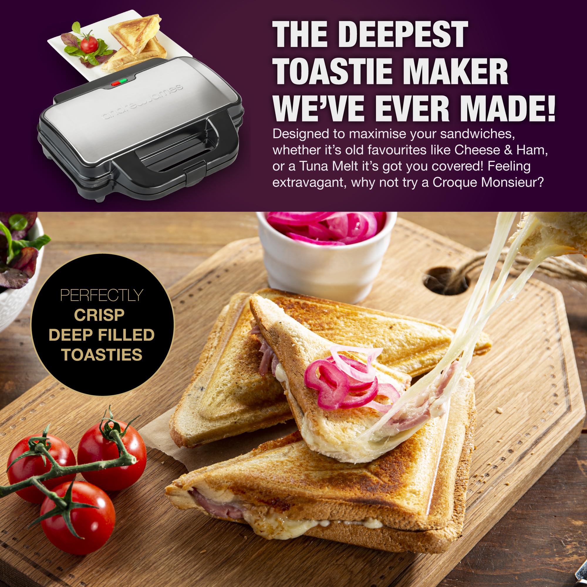 Andrew James 900W Electric Deep Fill Sandwich Maker - 4 Slice Triangle Grill Press with Non-Stick Plates & Cool Touch Handle - Perfect for Thick Cheese Toasties, Paninis & Large Deep Filled Sandwiches - Ideal for Breakfast, Lunch & Quick Snacks at Home or Office
