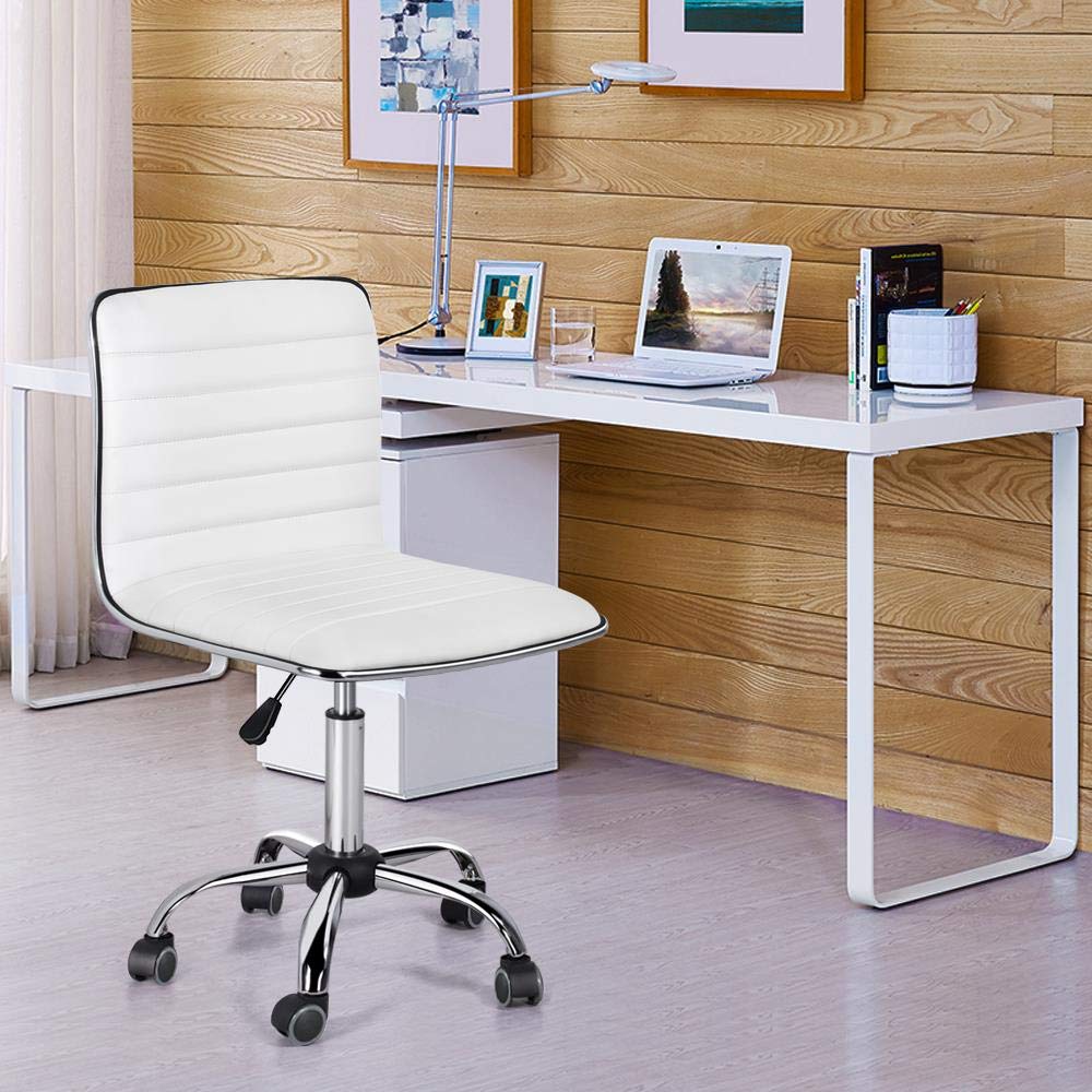 Yaheetech White Home Office Desk & Chair Set - Corner Writing Study Desk with Drawer & Shelf, PU Leather Low Back Armless Rolling Chair - Perfect for Home Office, Living Room, Study & Small Spaces