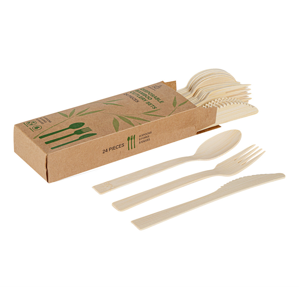 Eco-Friendly Bamboo Disposable Cutlery Set - 24-Piece Biodegradable Utensils (7 Retail Packs) | Perfect for Picnics, Parties & Sustainable Dining