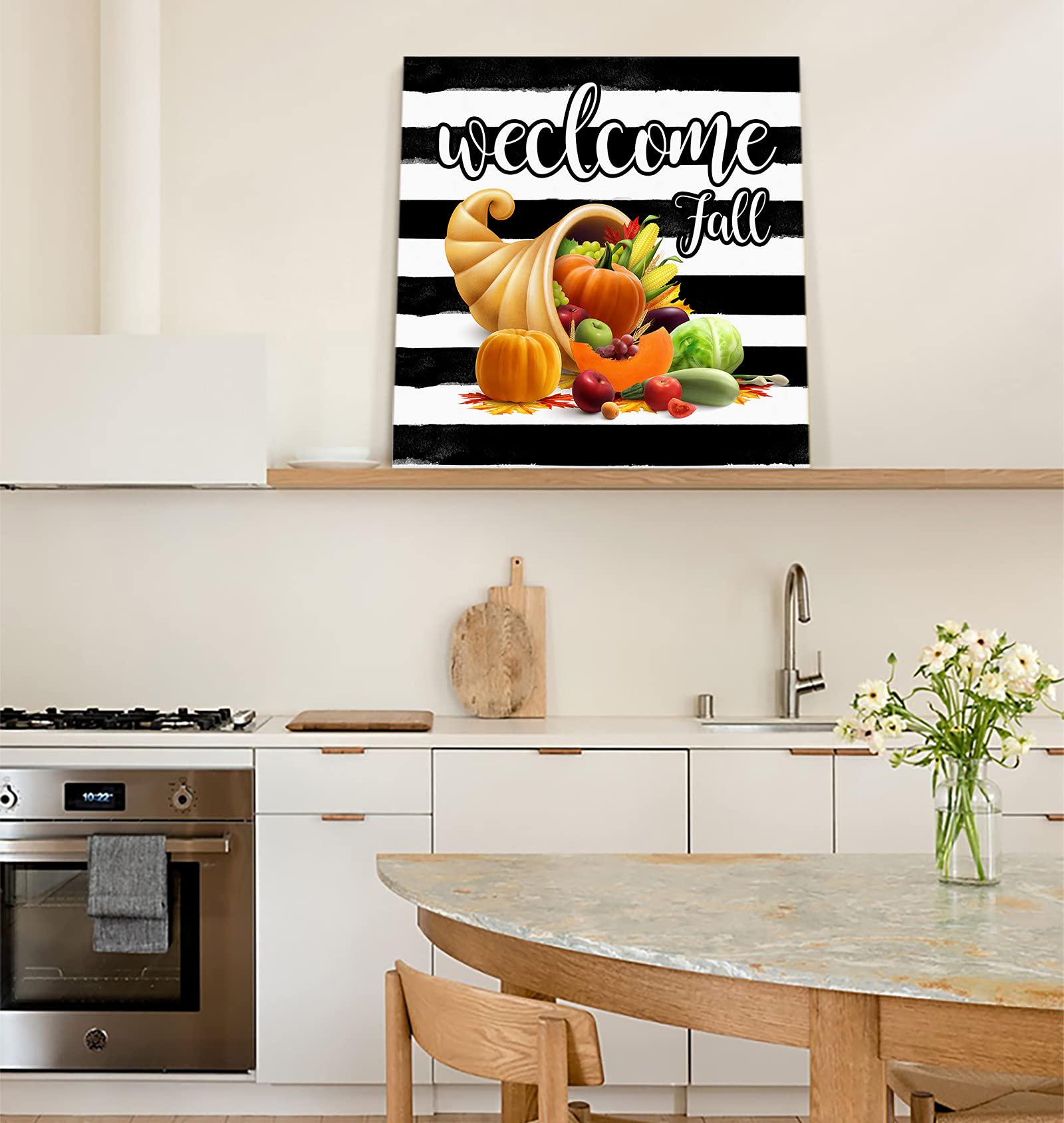 Premium Canvas Wall Art - Fall Cornucopia with Pumpkins & Fruits, Stretched Framed Oil Painting Print, Thanksgiving Harvest Decor for Living Room, Bedroom, Kitchen (28x28 Inch) | Perfect for Autumn Home Decor & Seasonal Farmhouse Style