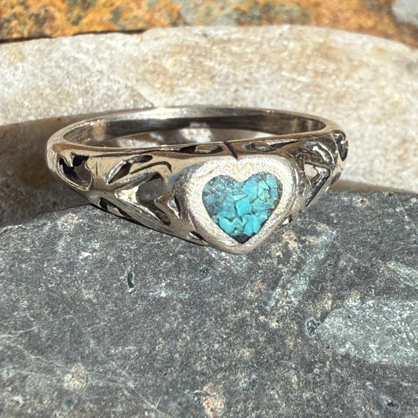 Authentic Sterling Silver Turquoise Mosaic Heart Ring - Size 8 | Handmade Southwest Jewelry for Women | Perfect for Valentine's Day, Anniversary Gifts & Boho Fashion