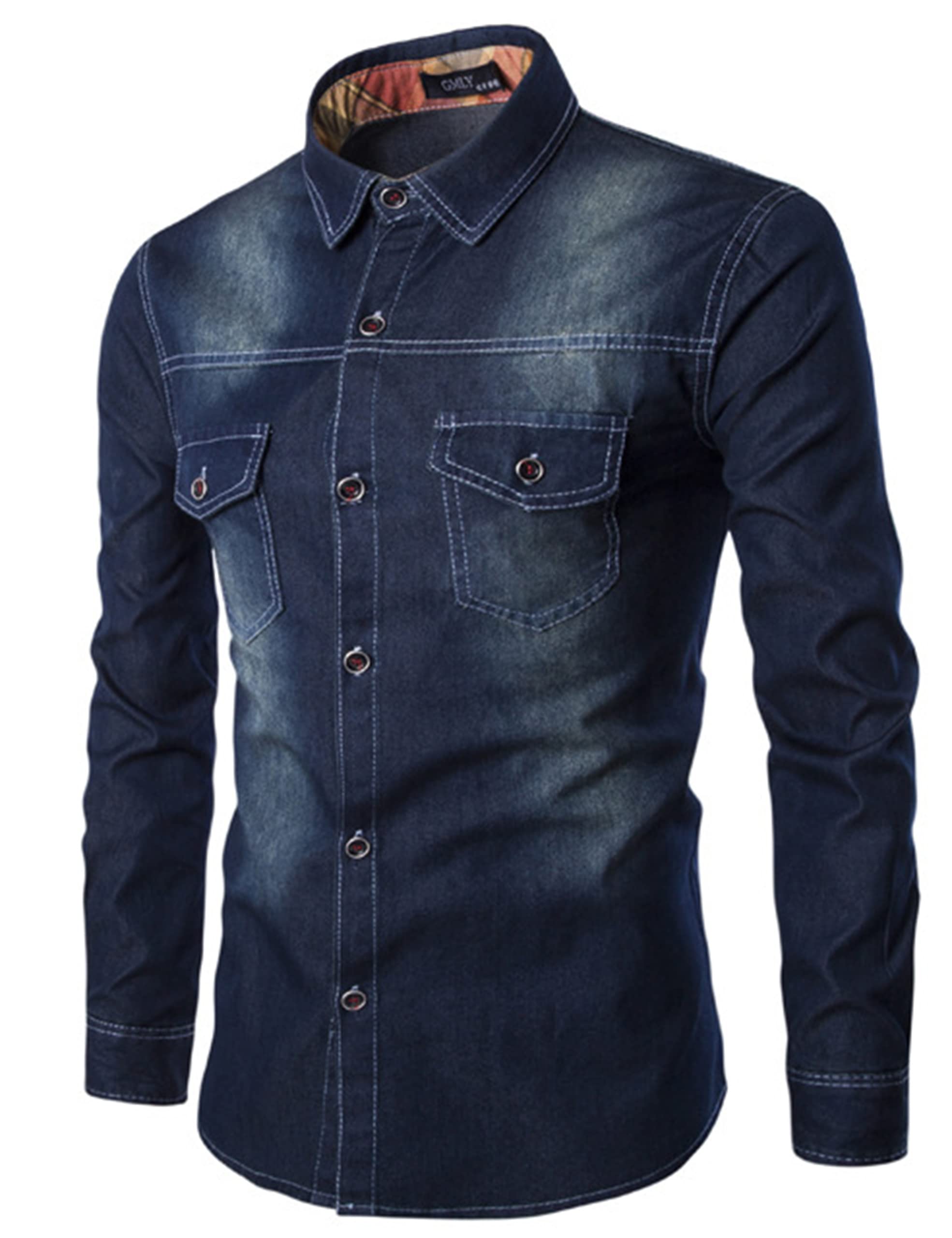Men's Denim Dress Shirt - Western Style Long Sleeve Button Down Cotton Casual Work Shirt with Pocket for Office, Date Night & Outdoor Activities