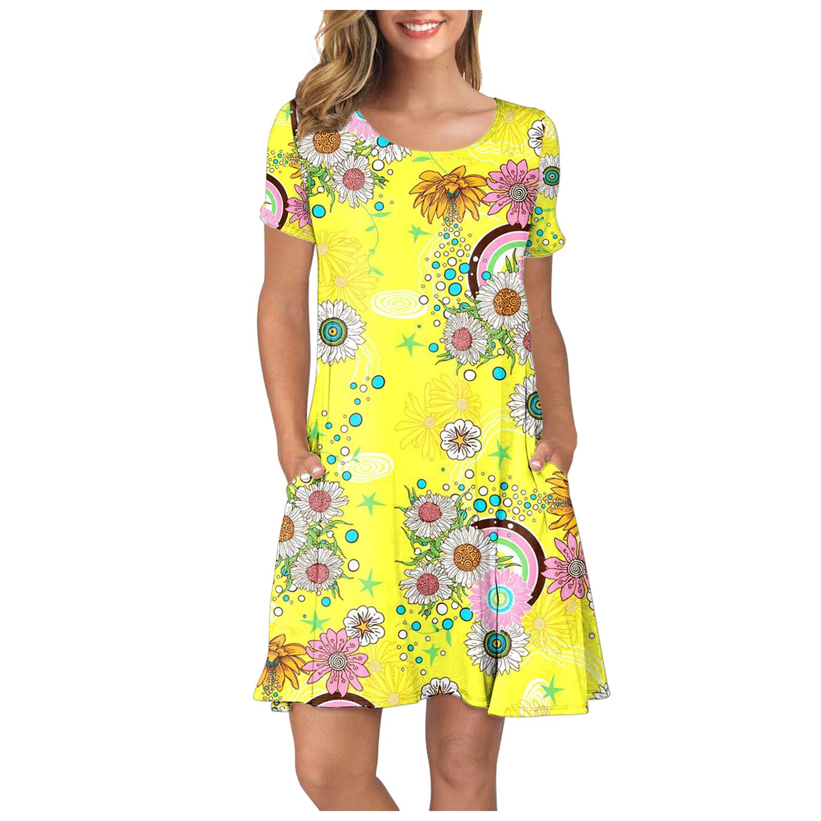 QUIYI Women's Summer Casual Short Sleeve Sunflower Print Sundress with Pockets - Flowy Swing Dress for Beach, Vacation & Outdoor Activities