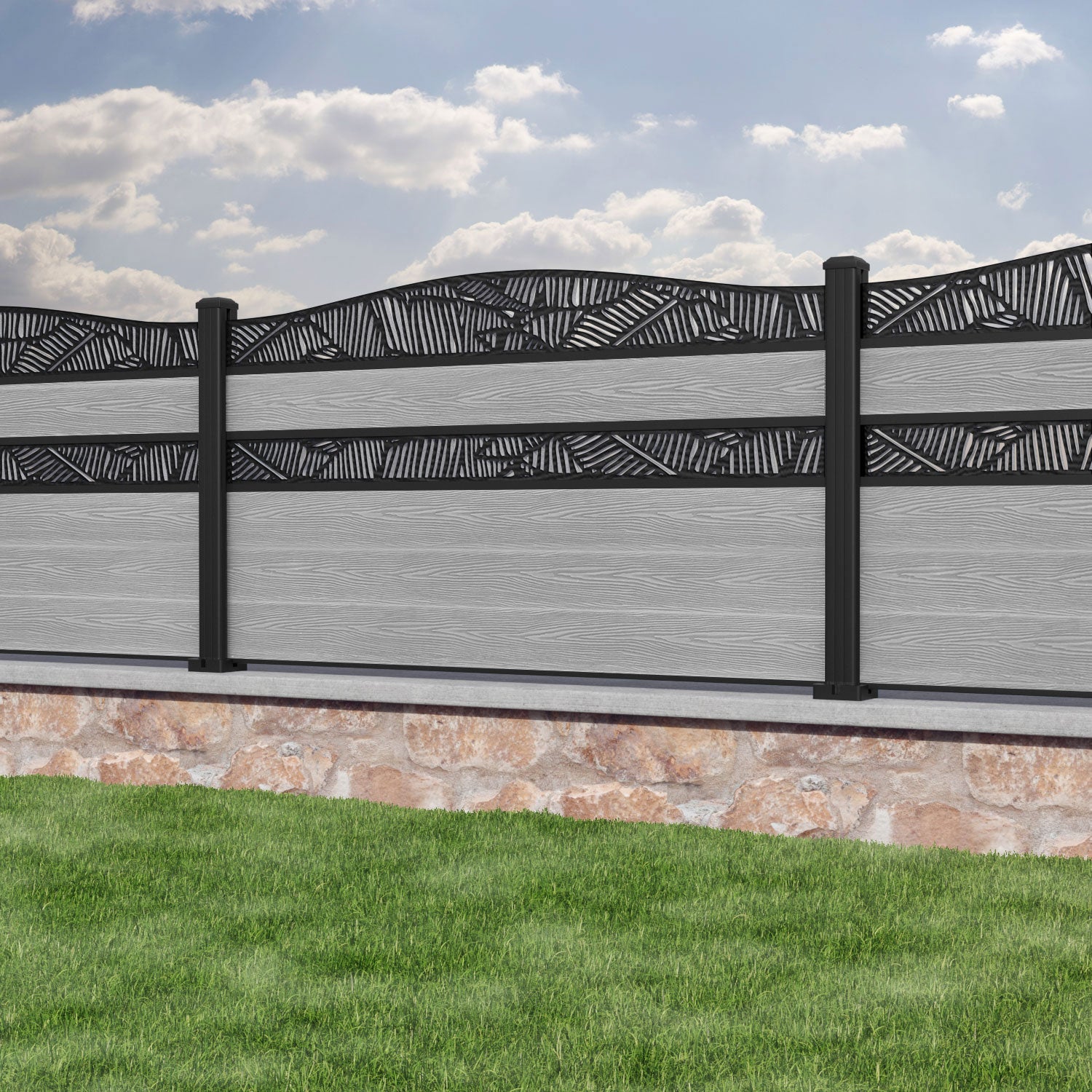 Classic Feather Curved Top Split Screen Fence Panel - Light Grey Aluminum Privacy Fence with Durable Posts | Perfect for Backyard, Garden, and Patio Privacy Screening