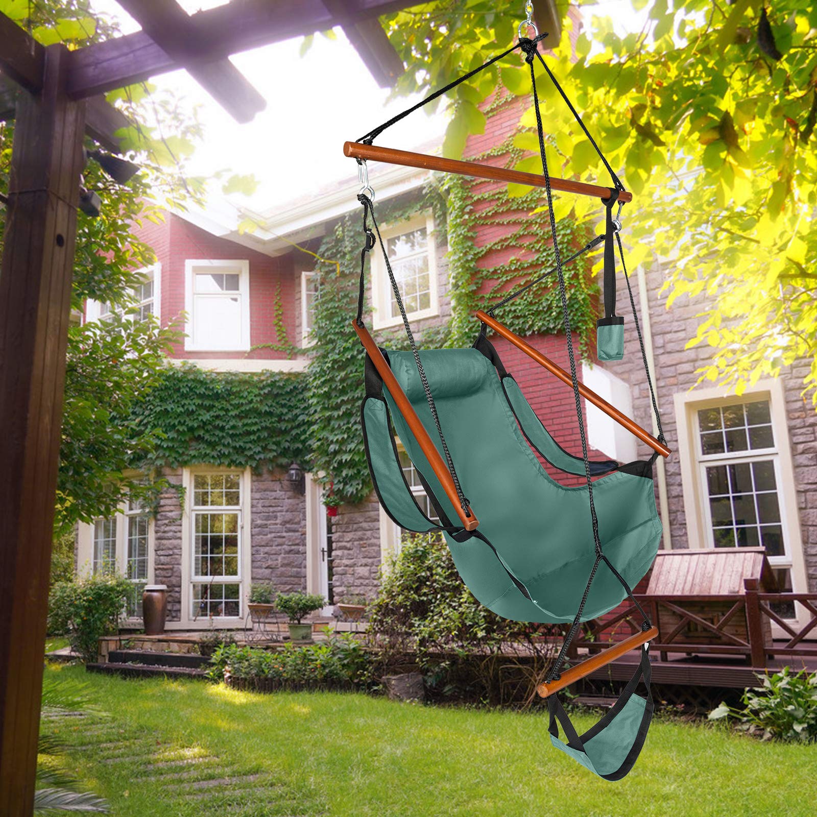 GT4-LY Oxford Fabric Hanging Chair with Cup Holder & Wooden Stick - 100kg Capacity, Perforated Design for Seaside, Courtyard, Garden & Outdoor Relaxation - Green