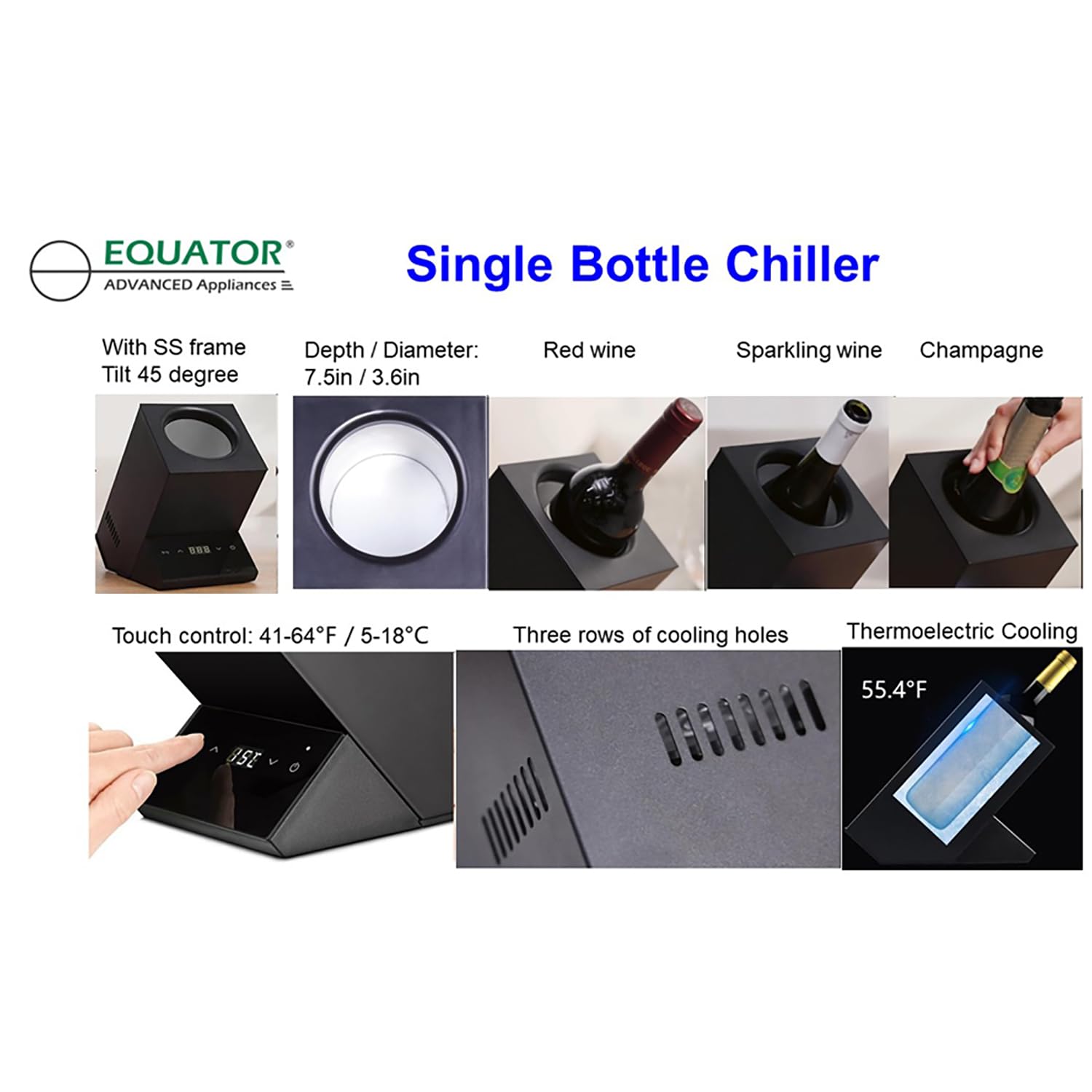 Equator 110V/12V Portable Electric Wine Chiller - Single Bottle Cooler for Red, White Wine & Water (750mL) | Rechargeable Stainless Steel Body | 24-Hour Cooling | Perfect for Parties, Picnics, Camping & Gifts (Black)