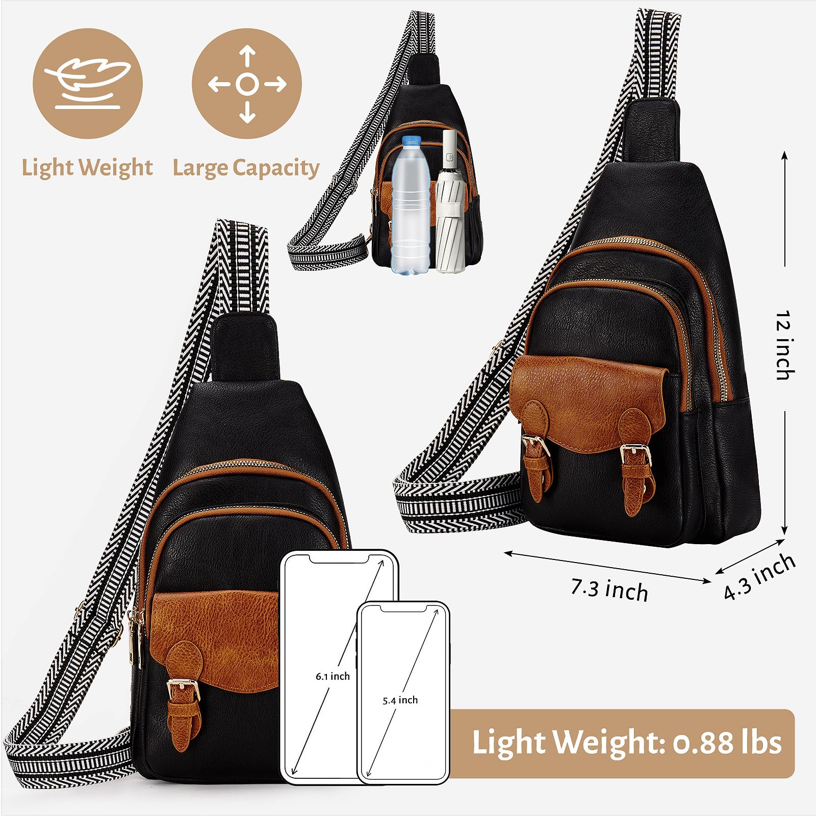 Vegan Leather Sling Bag for Women & Men - Adjustable Crossbody Fanny Pack for Travel, Hiking, Cycling & Casual Use - Black & Brown Chest Bag Purse