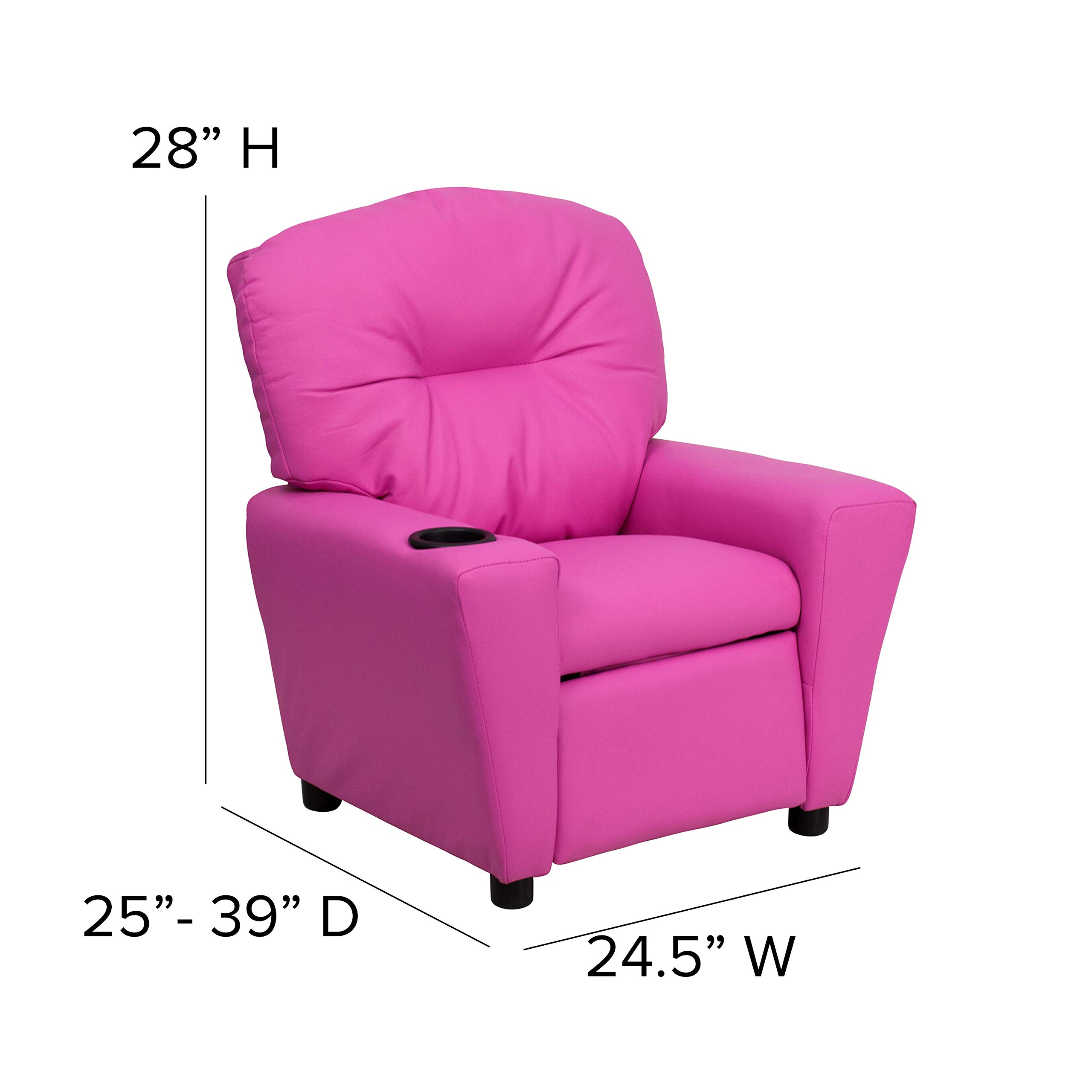 EMMA + OLIVER Hot Pink Vinyl Kids Recliner with Cup Holder - Comfortable Children's Chair for Playroom, Bedroom, or TV Watching - Perfect Gift for Toddlers and Kids