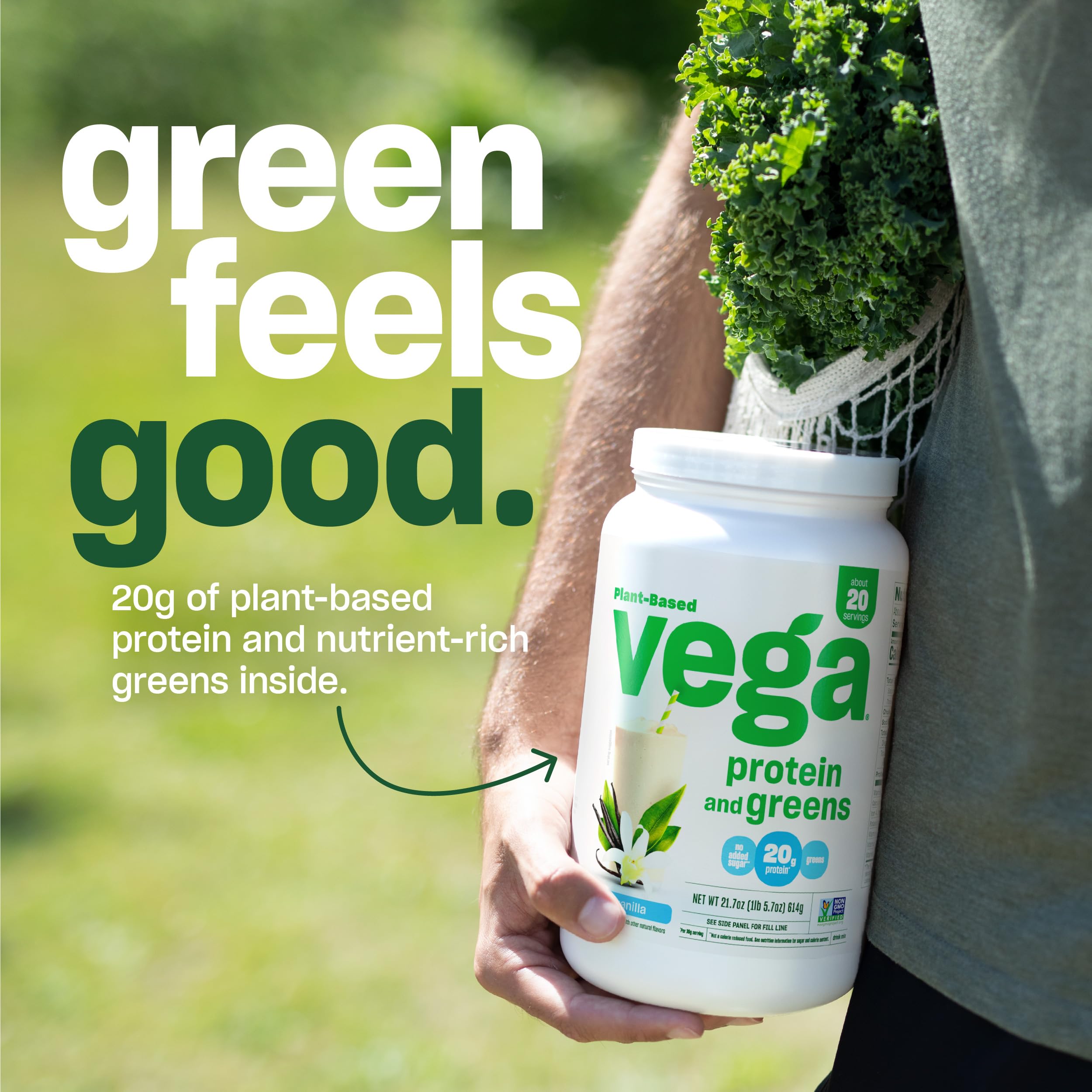 Vega Protein and Greens Powder - Vegan Plant-Based Protein with Pea Protein & Superfoods, Non-GMO, 20g Protein per Serving, Vanilla Flavor, 21.7oz (Packaging May Vary) - Perfect for Post-Workout Recovery, Smoothie Boosts & Healthy Meal Replacement