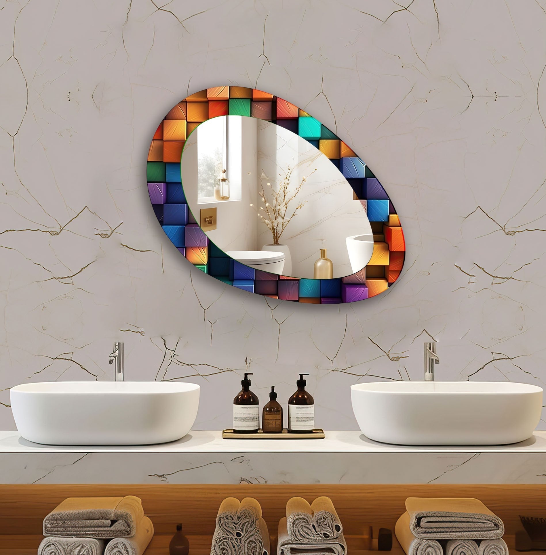 Vintage Stained Glass Asymmetrical Wall Mirror - Handcrafted Boho Decor for Living Room, Bedroom & Entryway