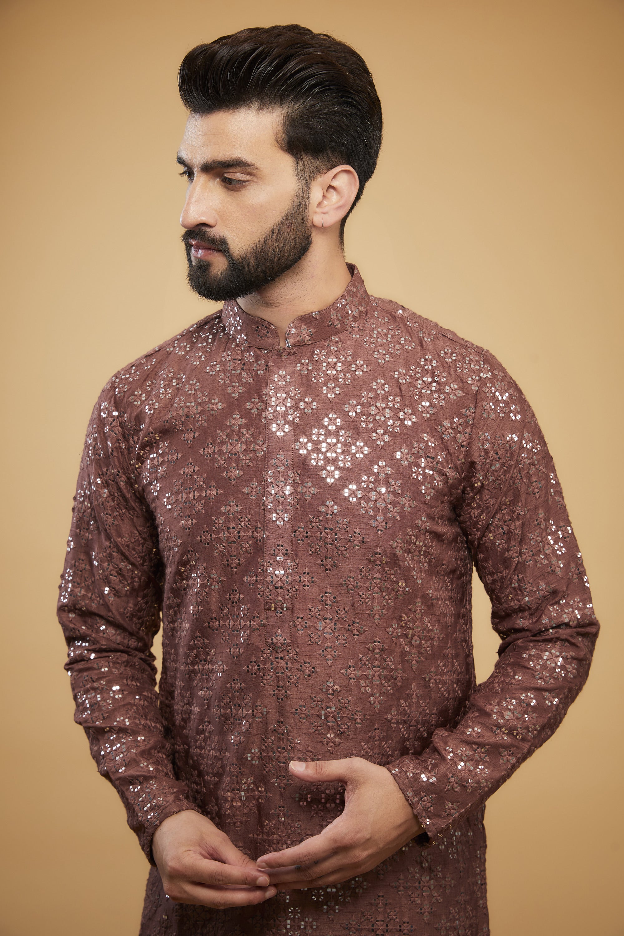 Elegant Mauve Taupe Mirror Work Kurta for Women | Traditional Indian Embroidered Tunic | Perfect for Festivals, Weddings & Ethnic Parties