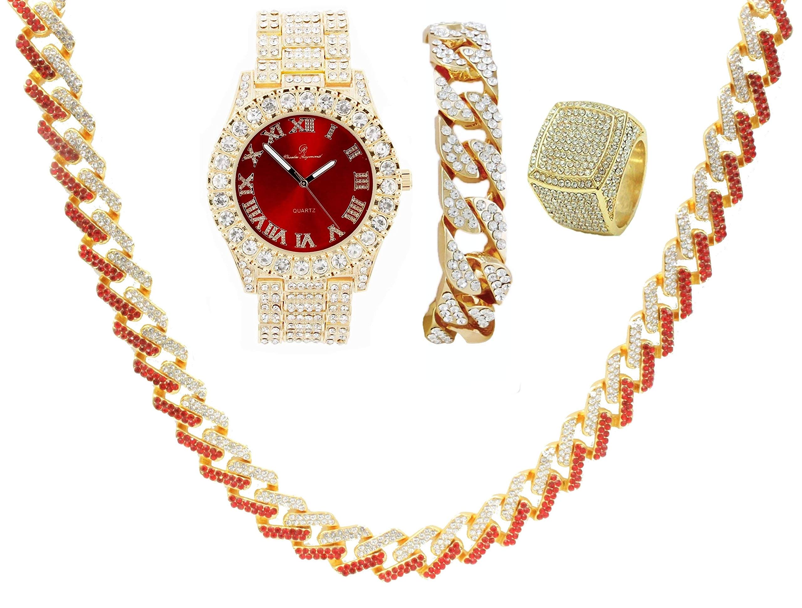 Men's Luxury Iced Out Gold Cuban Link Jewelry Set - Big Rocks Bezel Blood Red Dial Watch with Rhinestones, Miami Cuban Ruby Red Prong Necklace & Bracelet (ST10327RoGRSET) - Perfect for Hip Hop Fashion, Nightlife & Statement Streetwear Looks