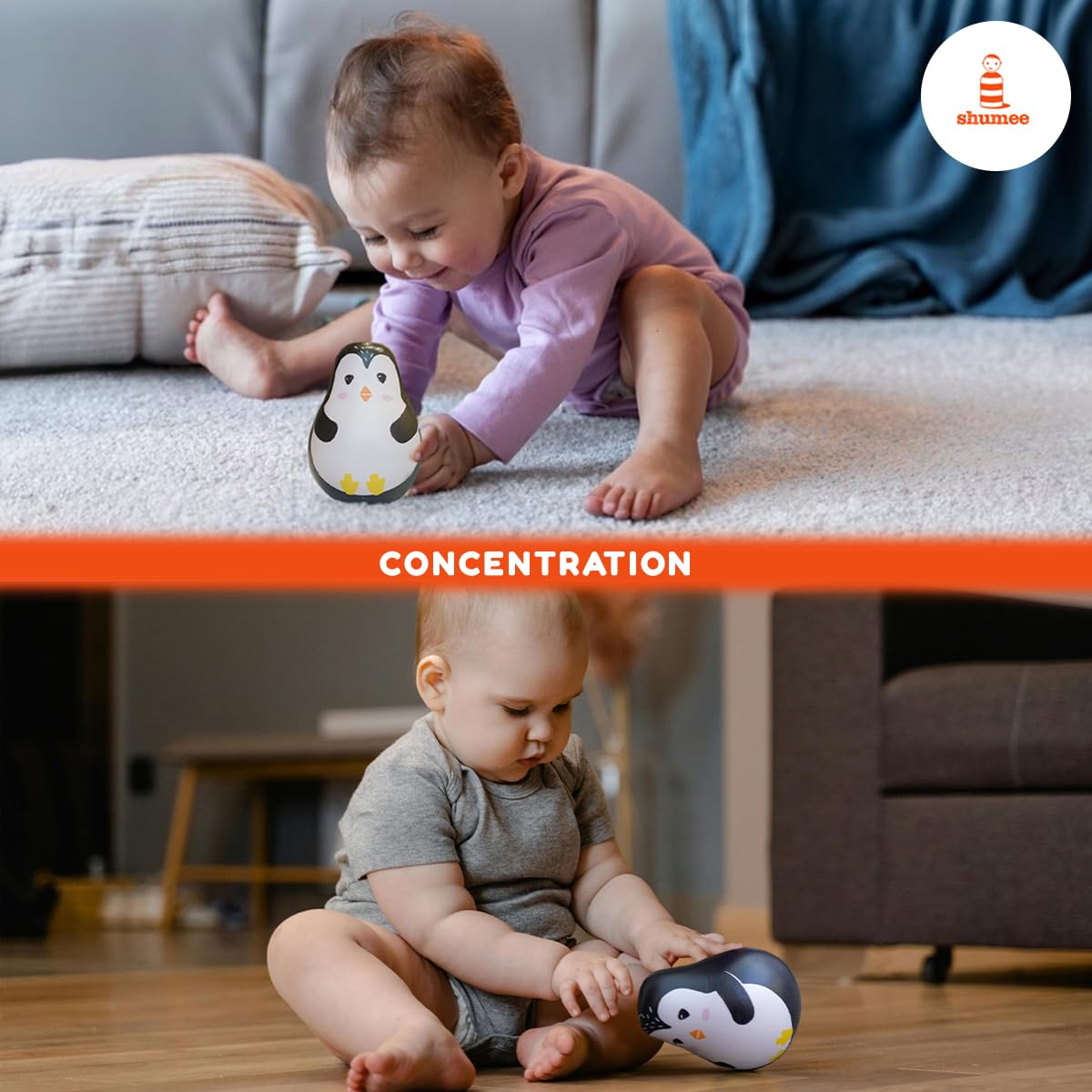 Shumee Wooden Penguin Wobbler Toy - Montessori Baby Tummy Time & Sensory Development Toy for 1-3 Year Olds - Roly Poly Wobble Toy for Infants & Toddlers - Perfect Gift for Baby Boys & Girls - Great for Playtime, Learning Balance & Motor Skills