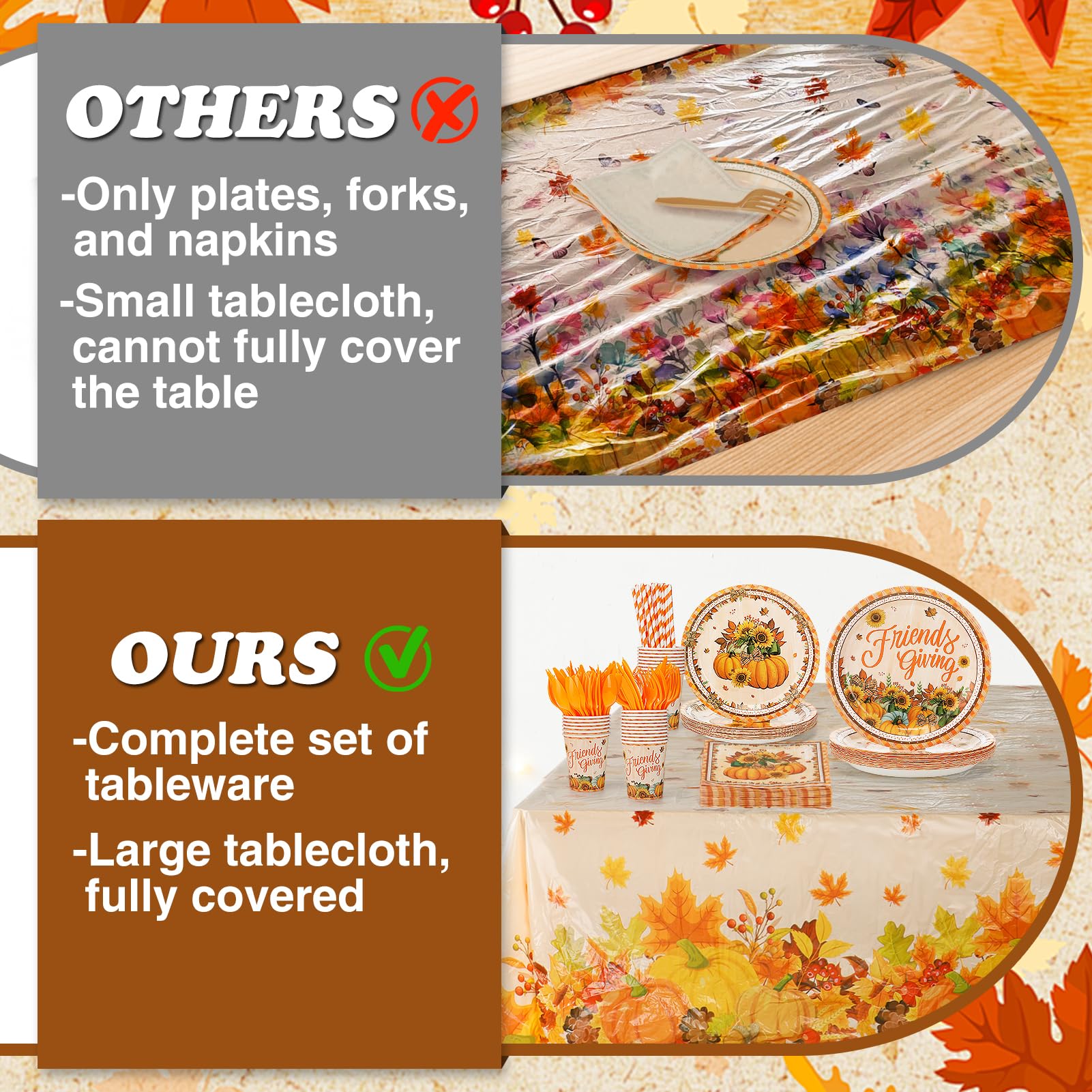 Friendsgiving Party Decorations Set - 194pcs Thanksgiving Tableware Kit with Pumpkin Plates, Cups, Forks & Napkins for 24 Guests | Thanksgiving Dinner Decor, Friendsgiving Table Setting for Holiday Gatherings & Family Feasts