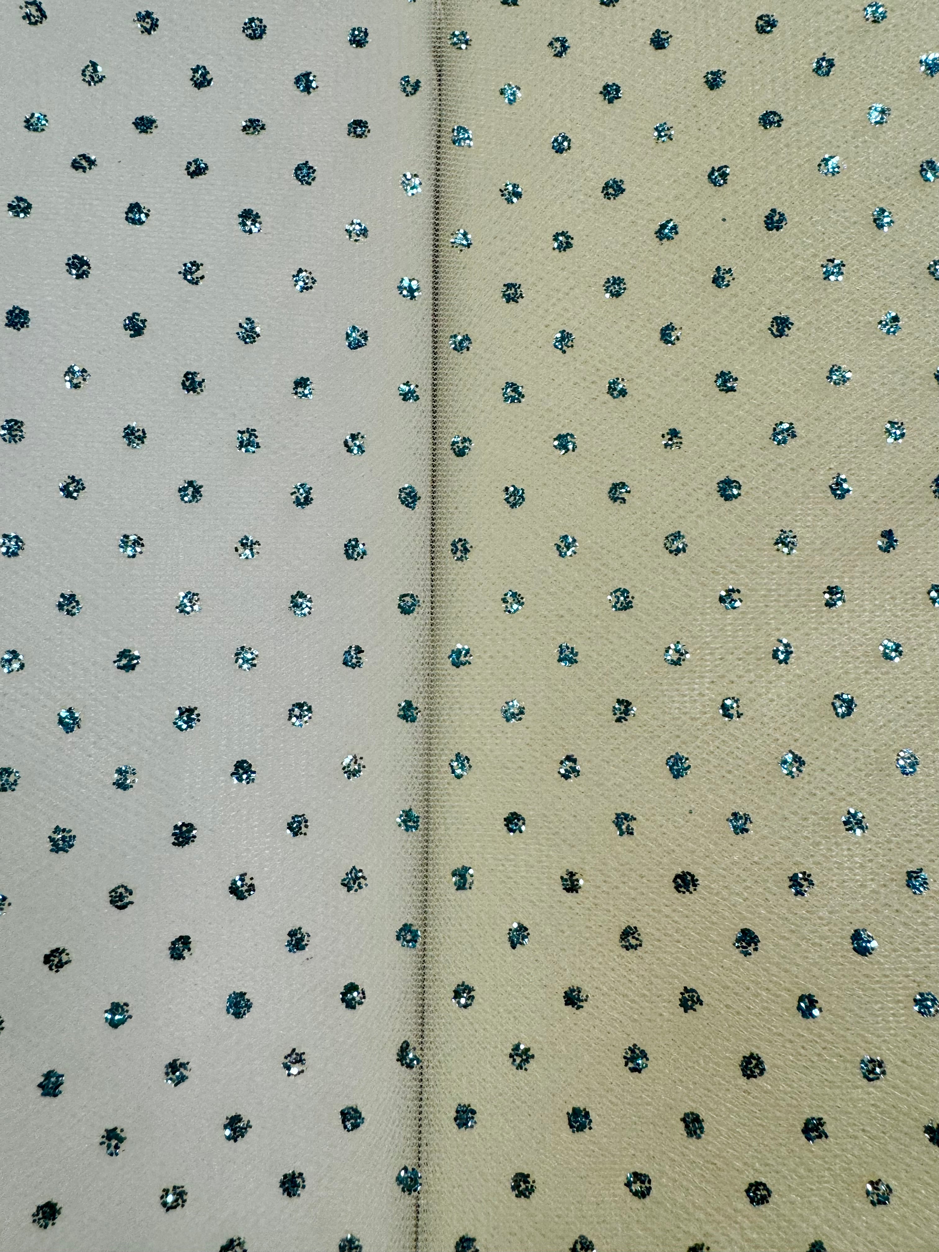 60 Inch Wide Soft White Organza Fabric with Aquamarine Sparkle Dots - Perfect for Wedding Decorations, Party Backdrops & DIY Craft Projects