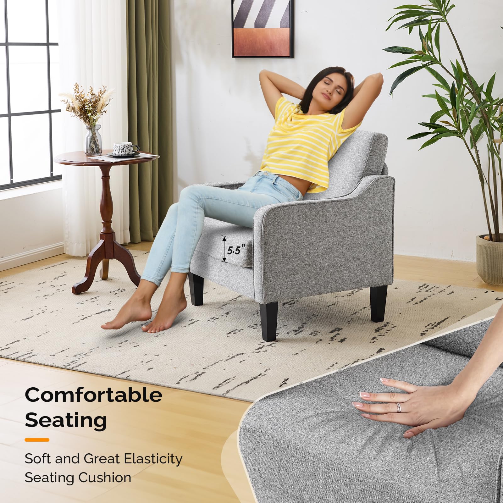 VINGLI Mid Century Modern Accent Chair - Upholstered Armchair with Scooped Arms for Living Room, Bedroom, Apartment, Office | Comfortable Lounge Chair for Reading, Relaxing & Waiting Areas
