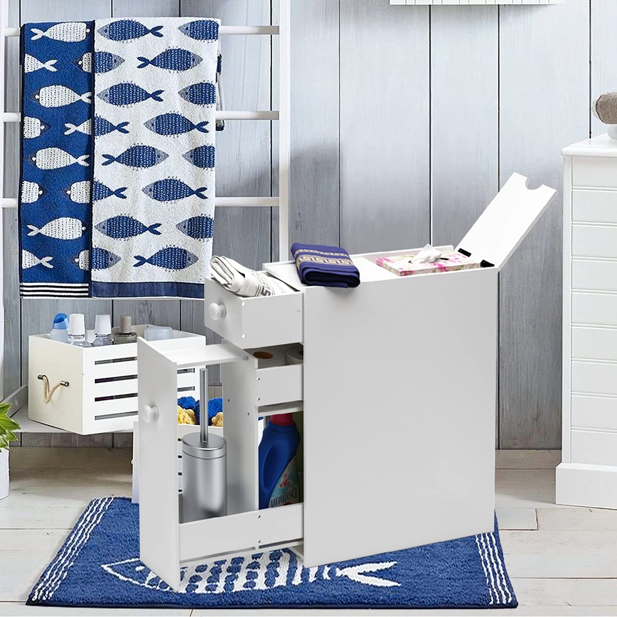 Rainfally Slim Bathroom Storage Cabinet - Narrow Toilet Paper & Bath Essentials Organizer for Small Spaces, Modern White Bathroom Vanity Cabinet - Perfect for Bedroom Nightstand, Living Room or Office Storage Solution