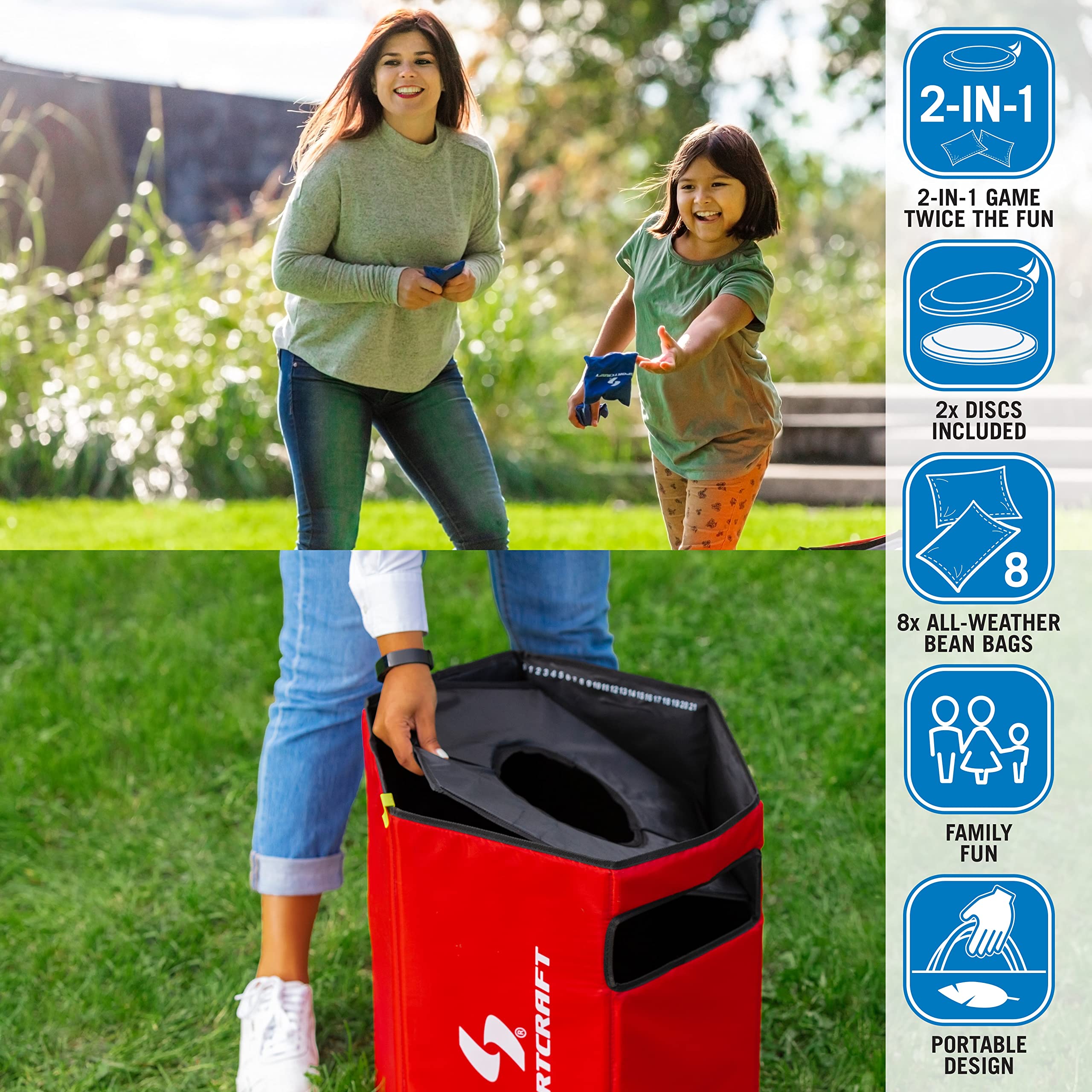 **Sportcraft 2-in-1 Folding Disc Slam & Bean Bag Toss Game Set - Red & Blue - Outdoor Backyard Party Games for Kids & Adults - Perfect for Picnics, BBQs, and Tailgating**
