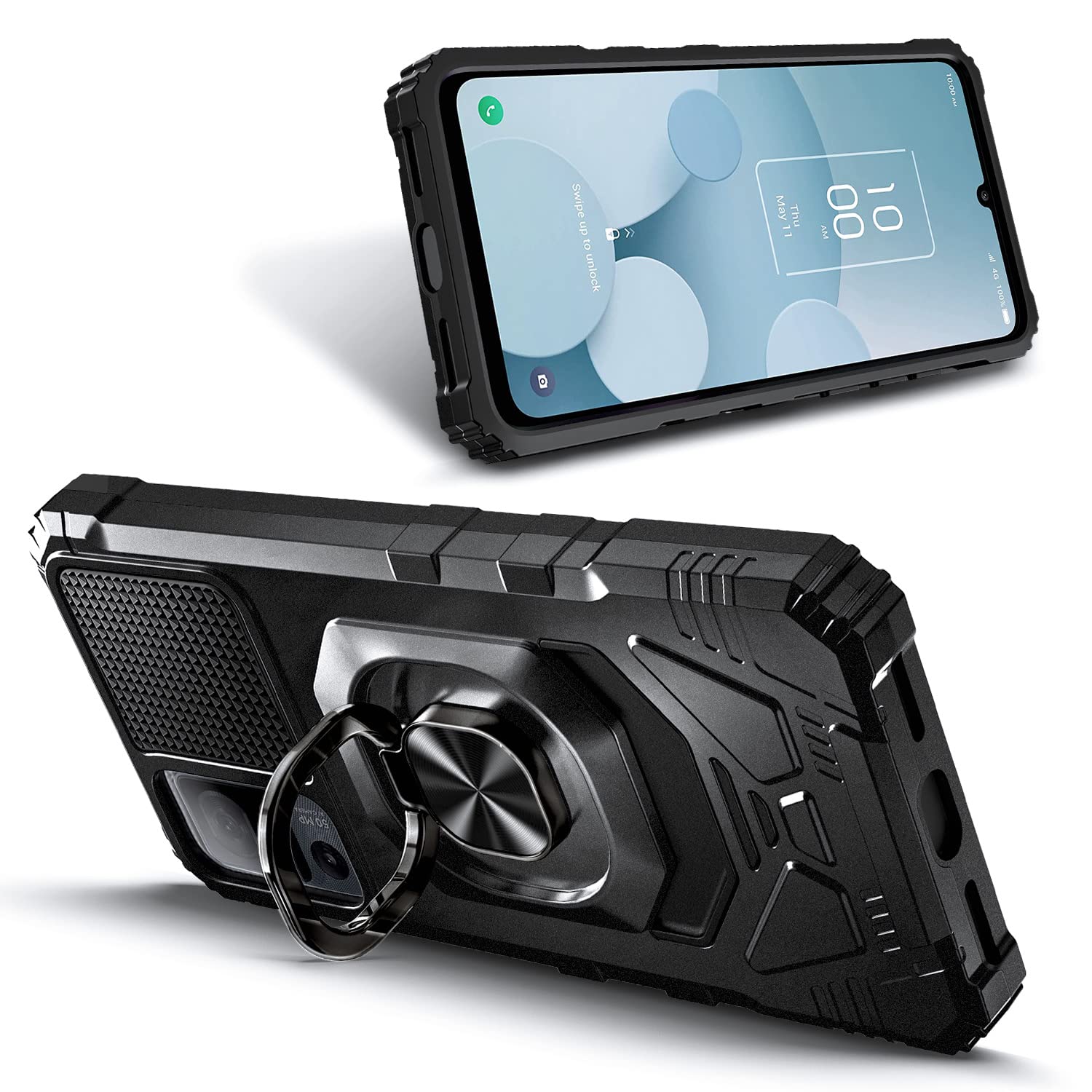 Premium TCL 40 XE 5G Case (Verizon) & TCL 40 X 5G (T609M) Case - Military Grade Shockproof Cover with Tempered Glass Screen Protector & Ring Holder - 16FT Drop Tested Full Body Protection (Black) - Perfect for Outdoor Activities, Travel & Daily Use