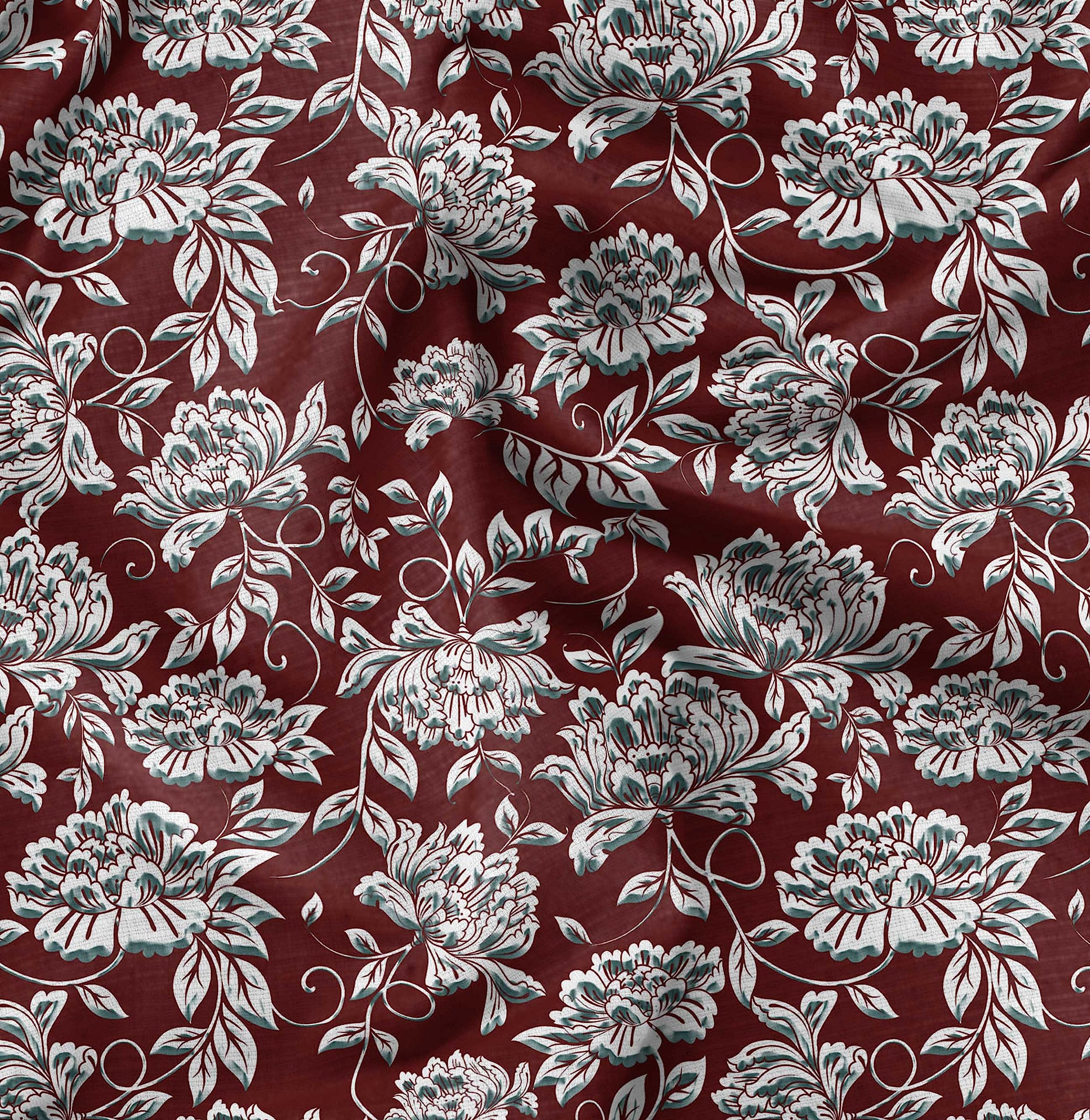 Soimoi Moss Georgette Red Fabric by The Yard - 42 Inch Wide Printed Fabric with Artistic Leaf & Floral Design for Dresses, Scarves, Home Decor and DIY Fashion Projects